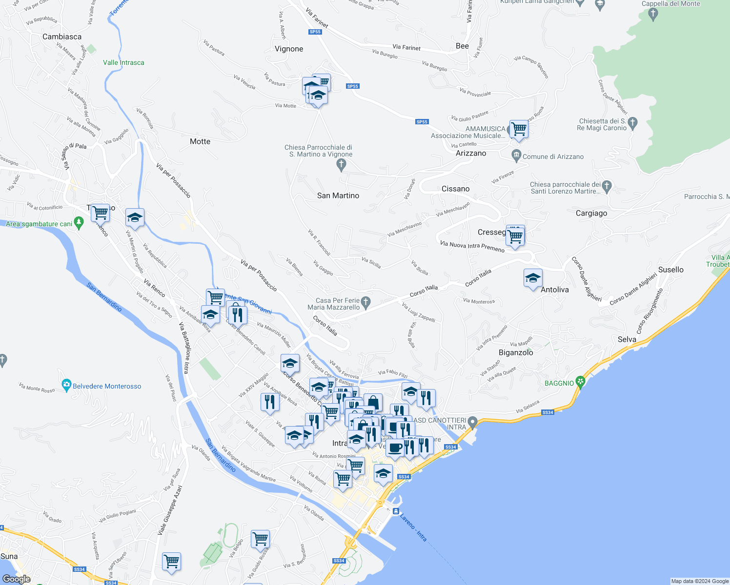 map of restaurants, bars, coffee shops, grocery stores, and more near 17 Via Firenze in Provincia del Verbano-Cusio-Ossola