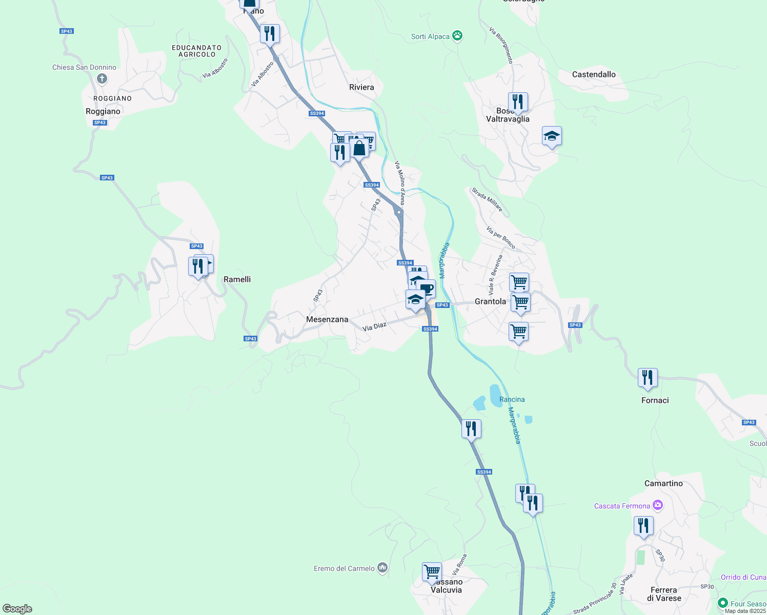 map of restaurants, bars, coffee shops, grocery stores, and more near 19 Via Pezza in Mesenzana