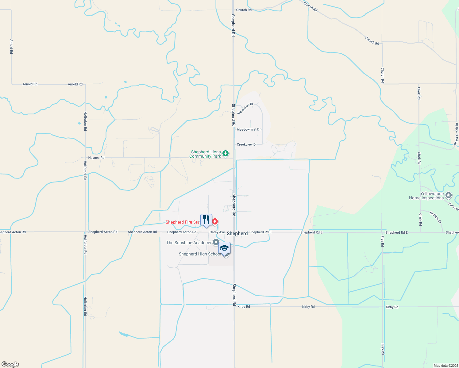 map of restaurants, bars, coffee shops, grocery stores, and more near 8230 Shepherd Road in Shepherd
