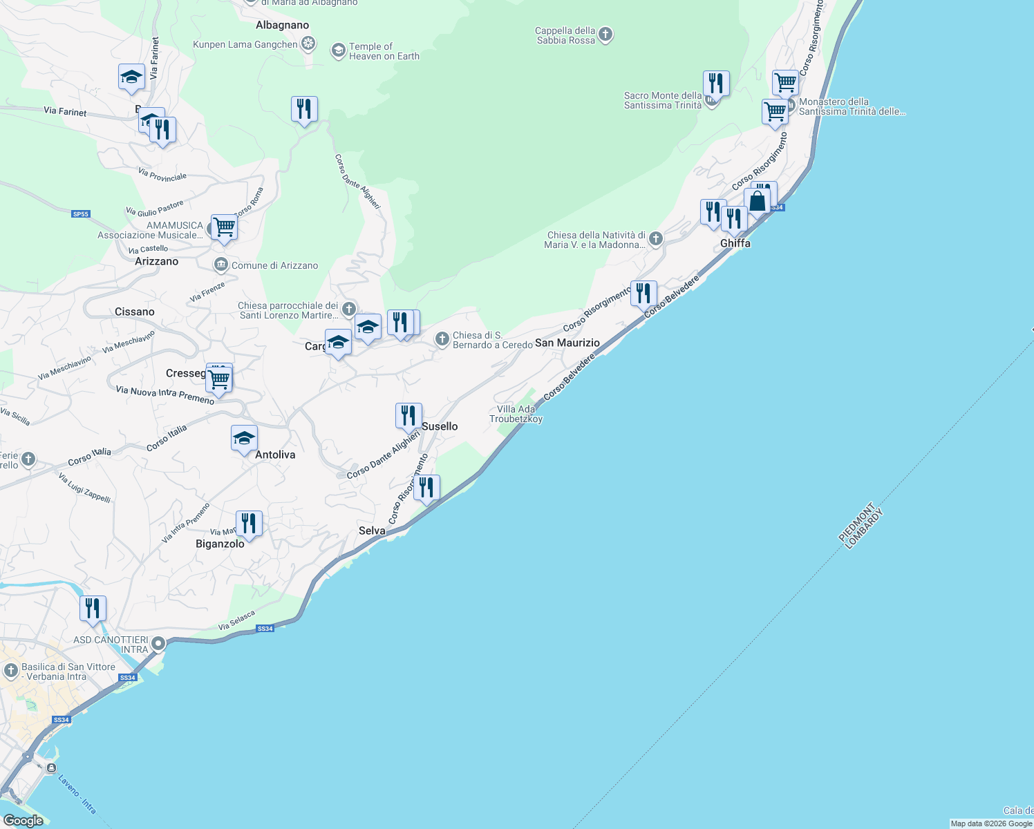 map of restaurants, bars, coffee shops, grocery stores, and more near 49 Corso Belvedere in San Maurizio
