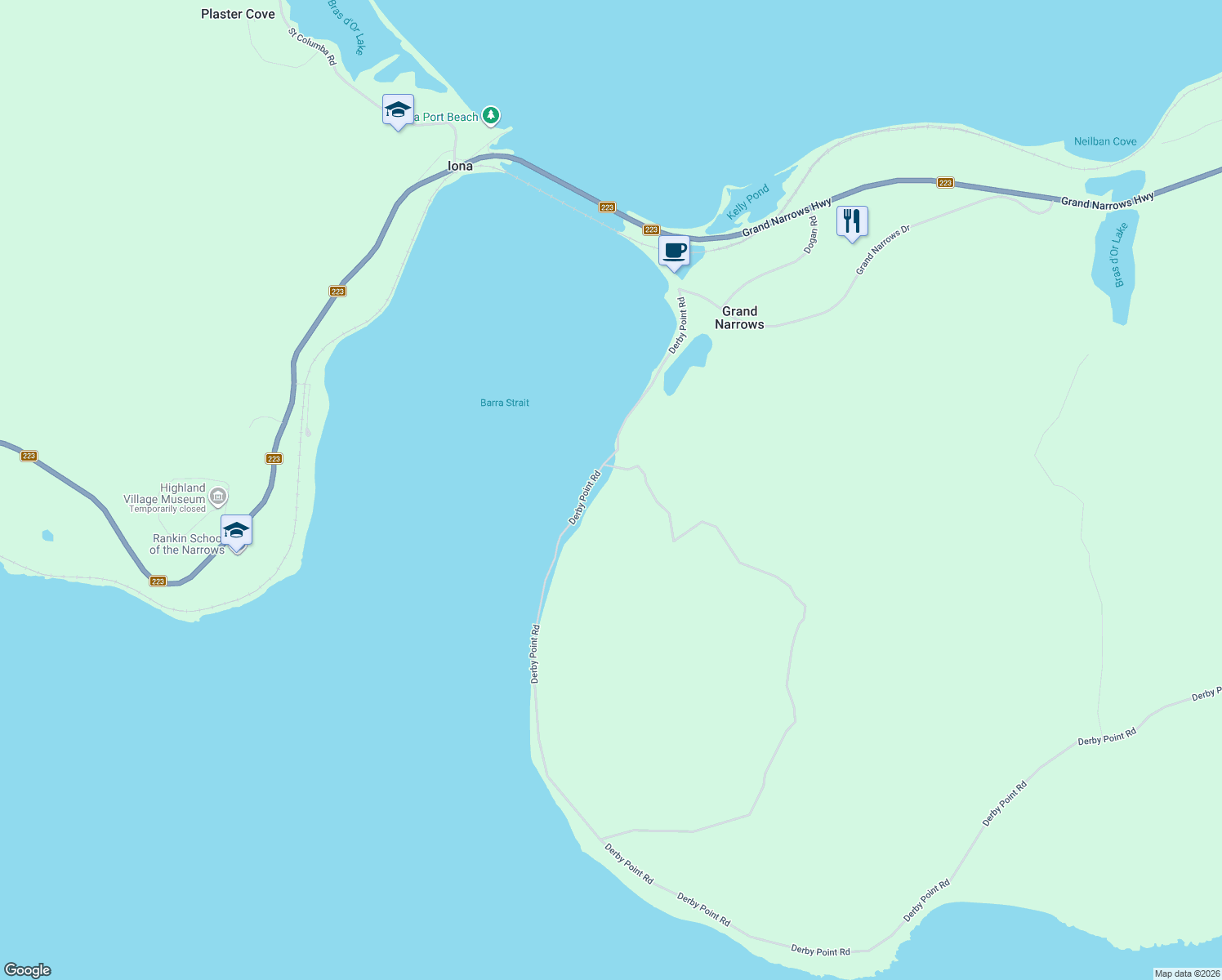 map of restaurants, bars, coffee shops, grocery stores, and more near 185 Derby Point Road in Grand Narrows