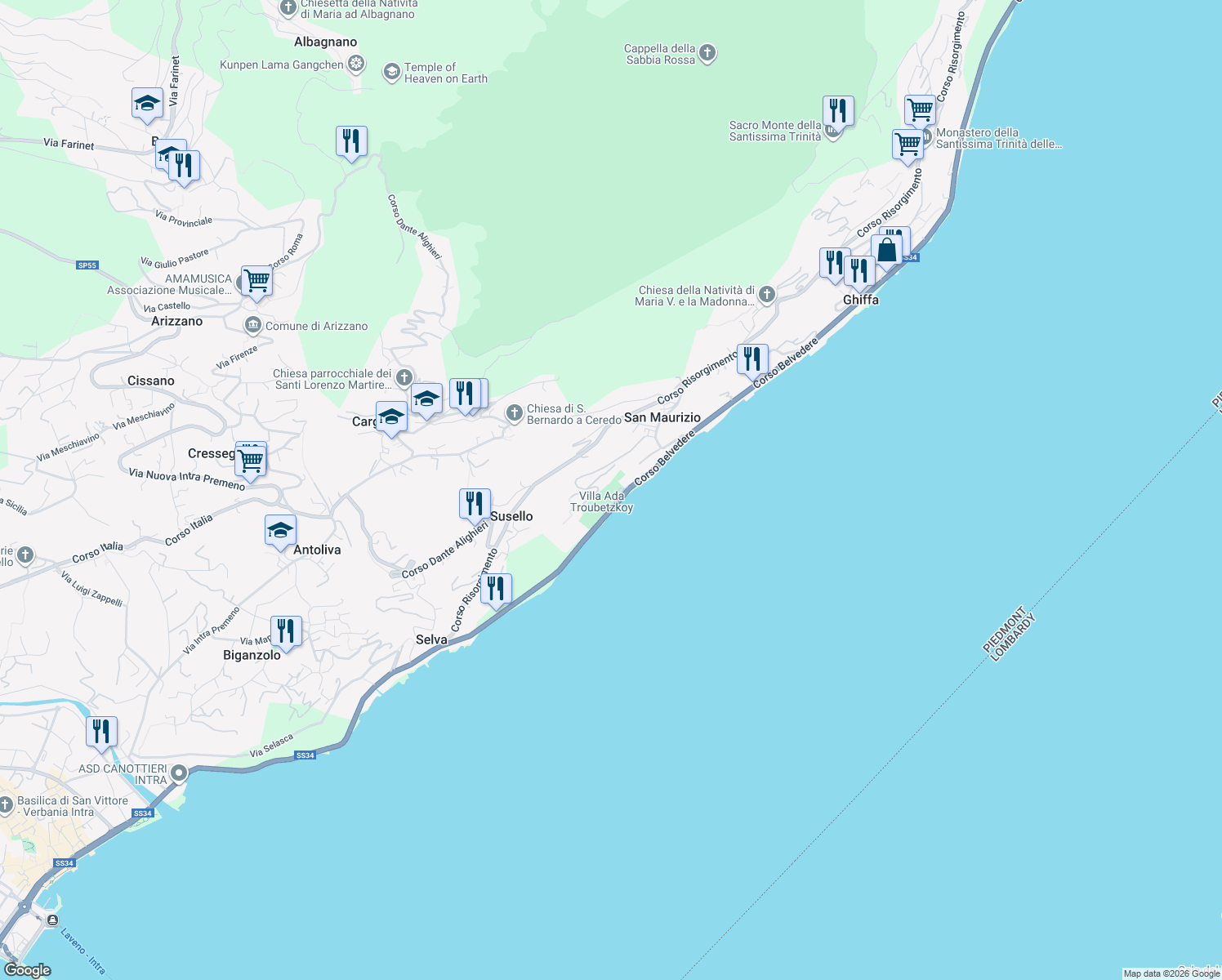 map of restaurants, bars, coffee shops, grocery stores, and more near 20-49 Corso Belvedere in Susello