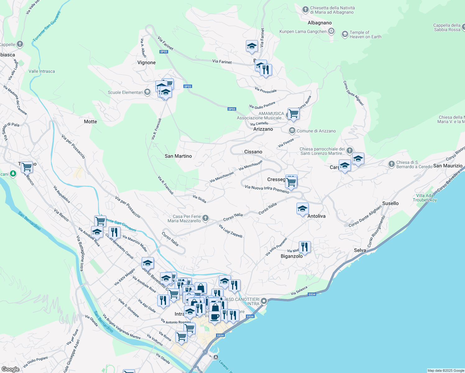 map of restaurants, bars, coffee shops, grocery stores, and more near 36 Via Donati in Provincia del Verbano-Cusio-Ossola