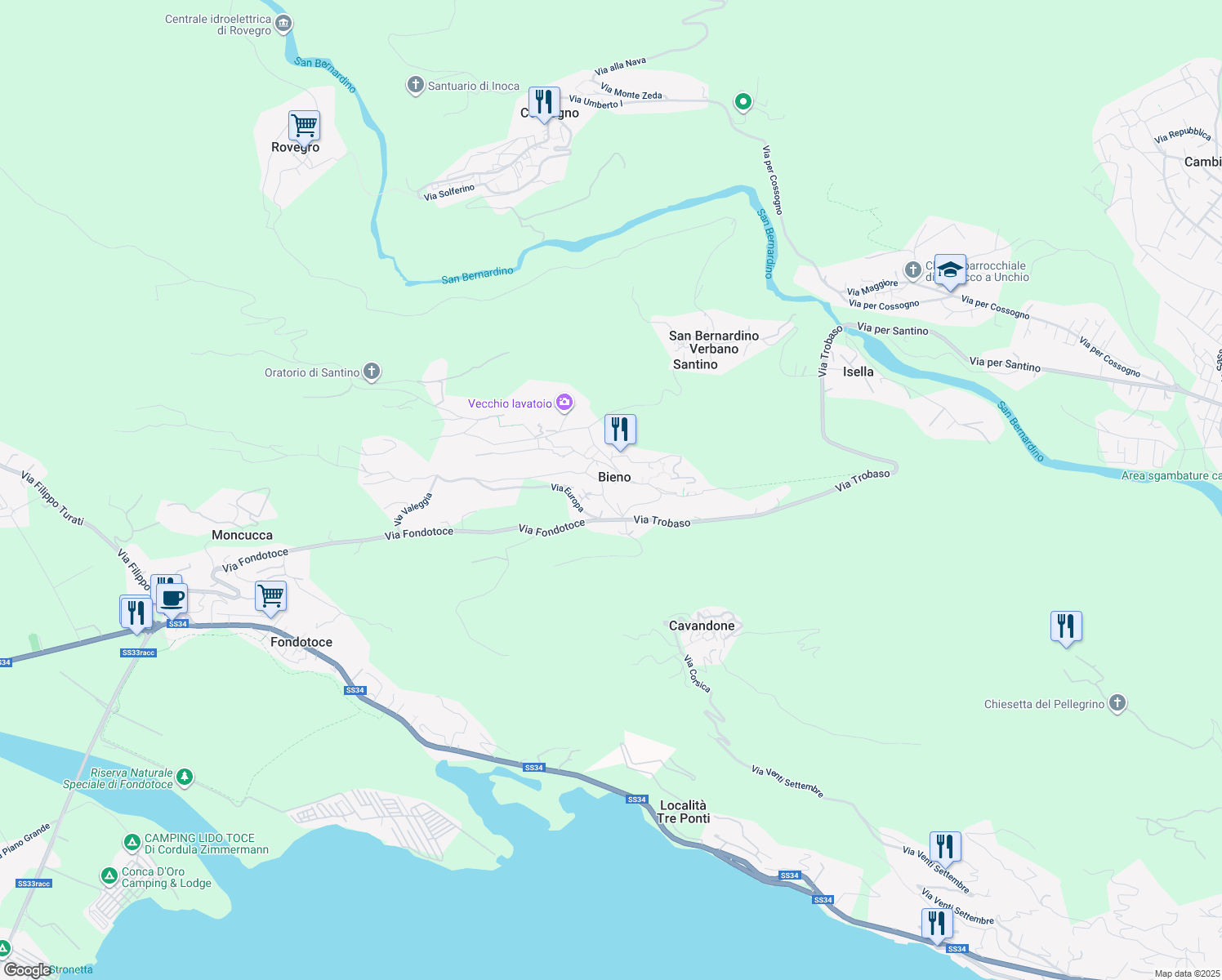 map of restaurants, bars, coffee shops, grocery stores, and more near 11 Via XXV Aprile in Bieno