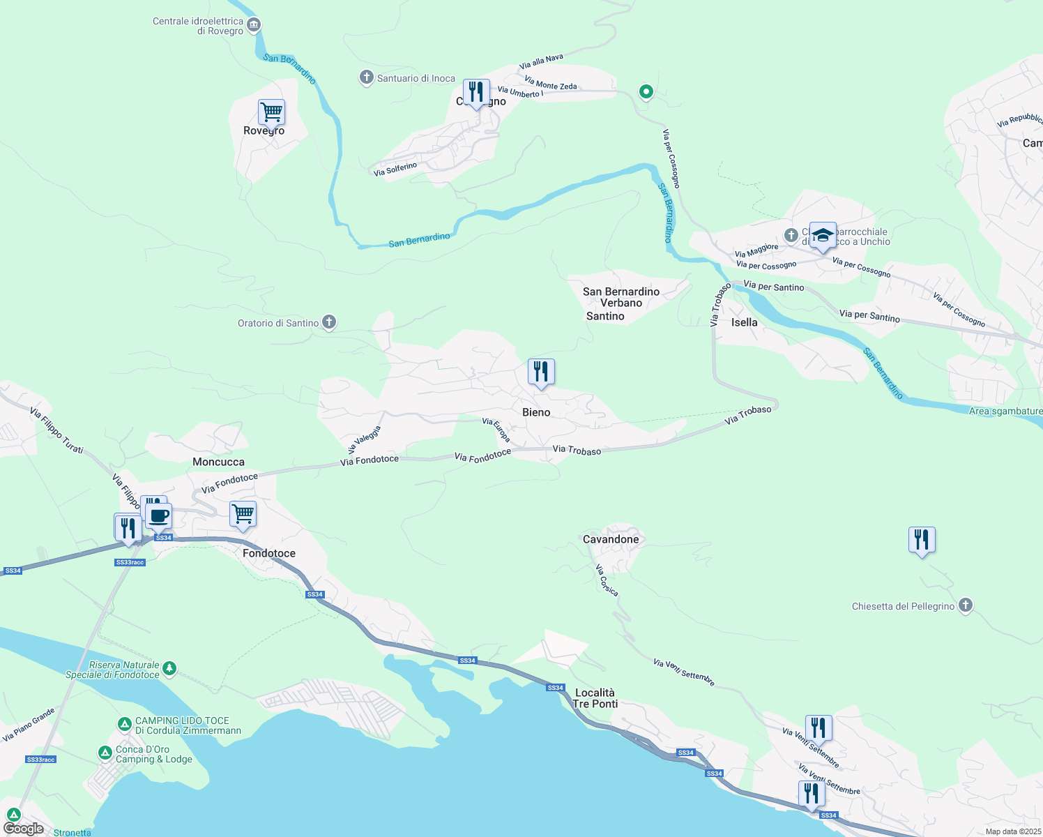 map of restaurants, bars, coffee shops, grocery stores, and more near 11 Via XXV Aprile in Bieno