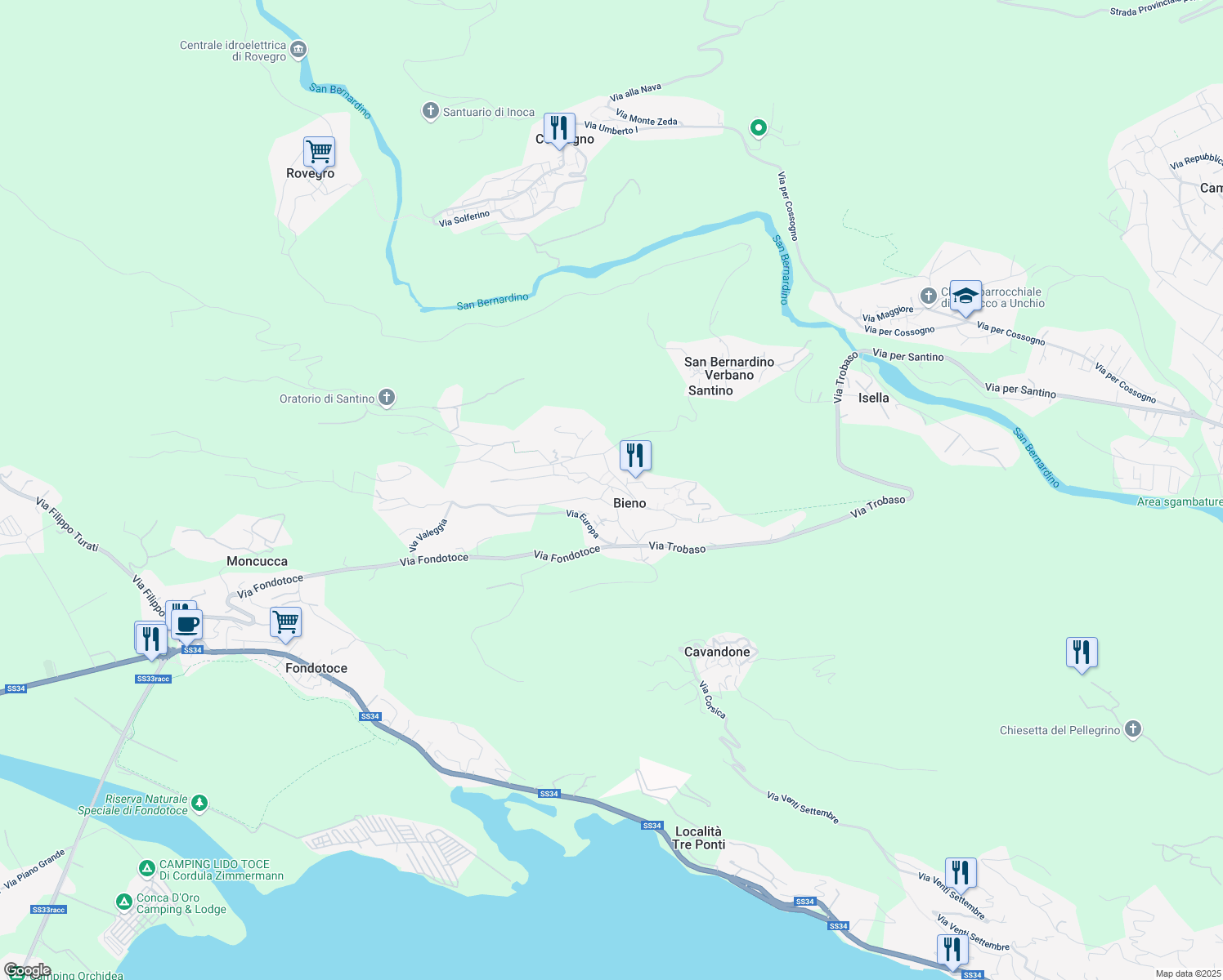 map of restaurants, bars, coffee shops, grocery stores, and more near 11 Via XXV Aprile in Bieno