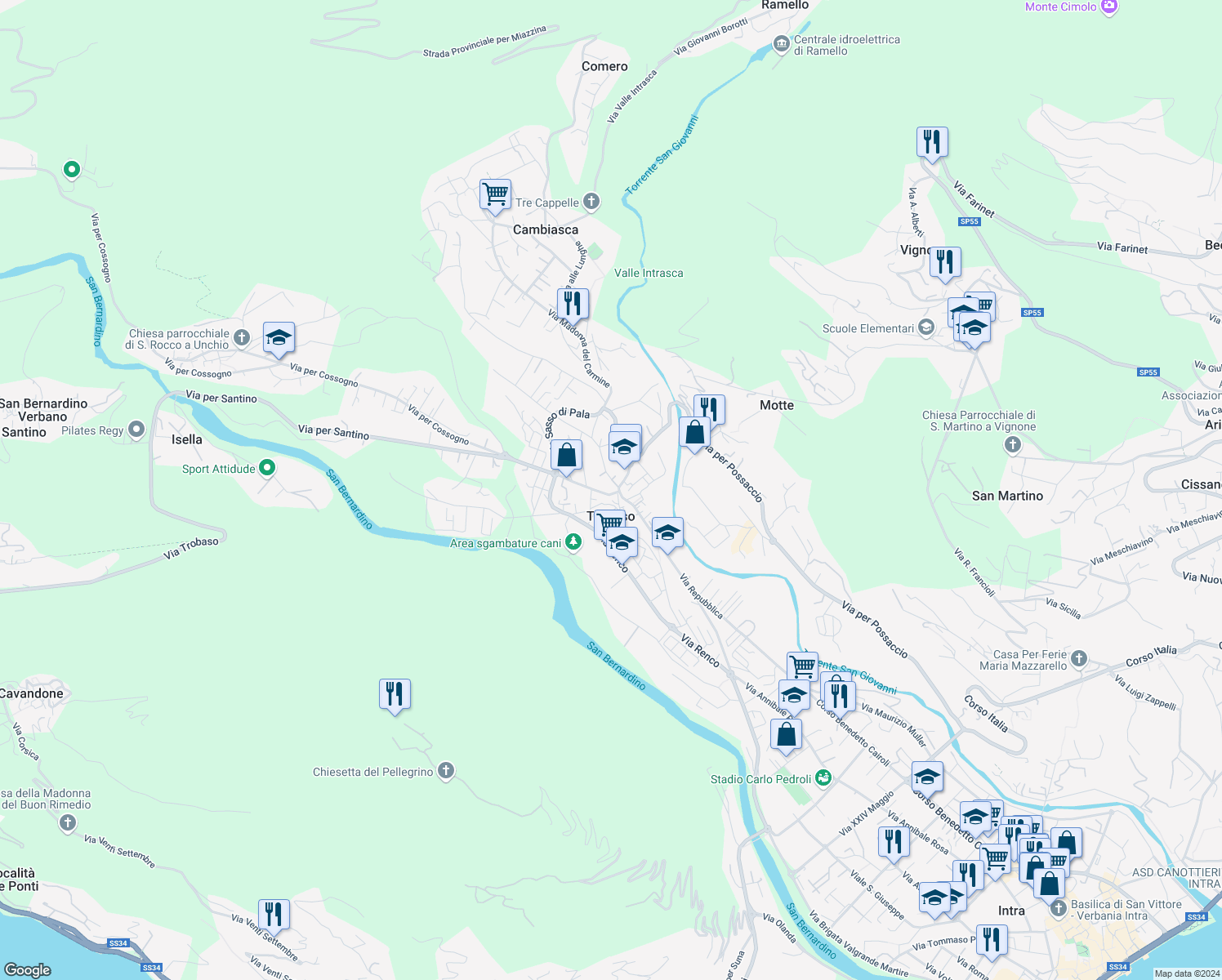 map of restaurants, bars, coffee shops, grocery stores, and more near 15-21 Via Buon Tempo in Pallanza