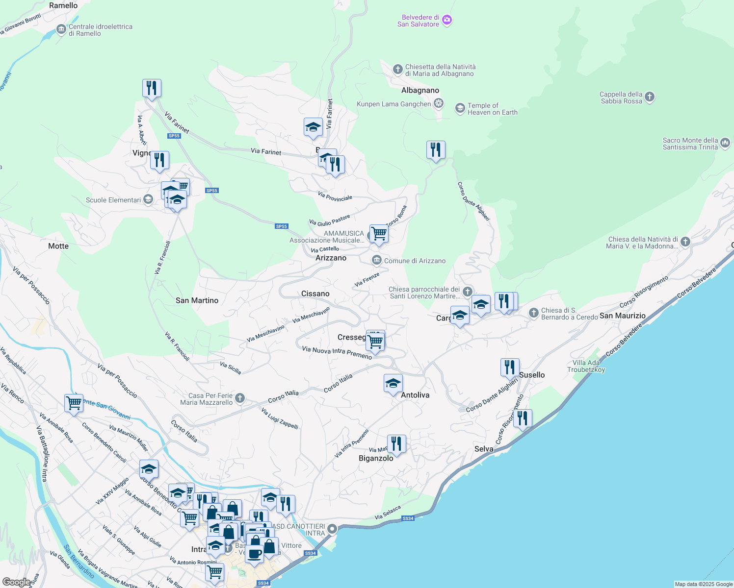 map of restaurants, bars, coffee shops, grocery stores, and more near 17 Via Firenze in Arizzano