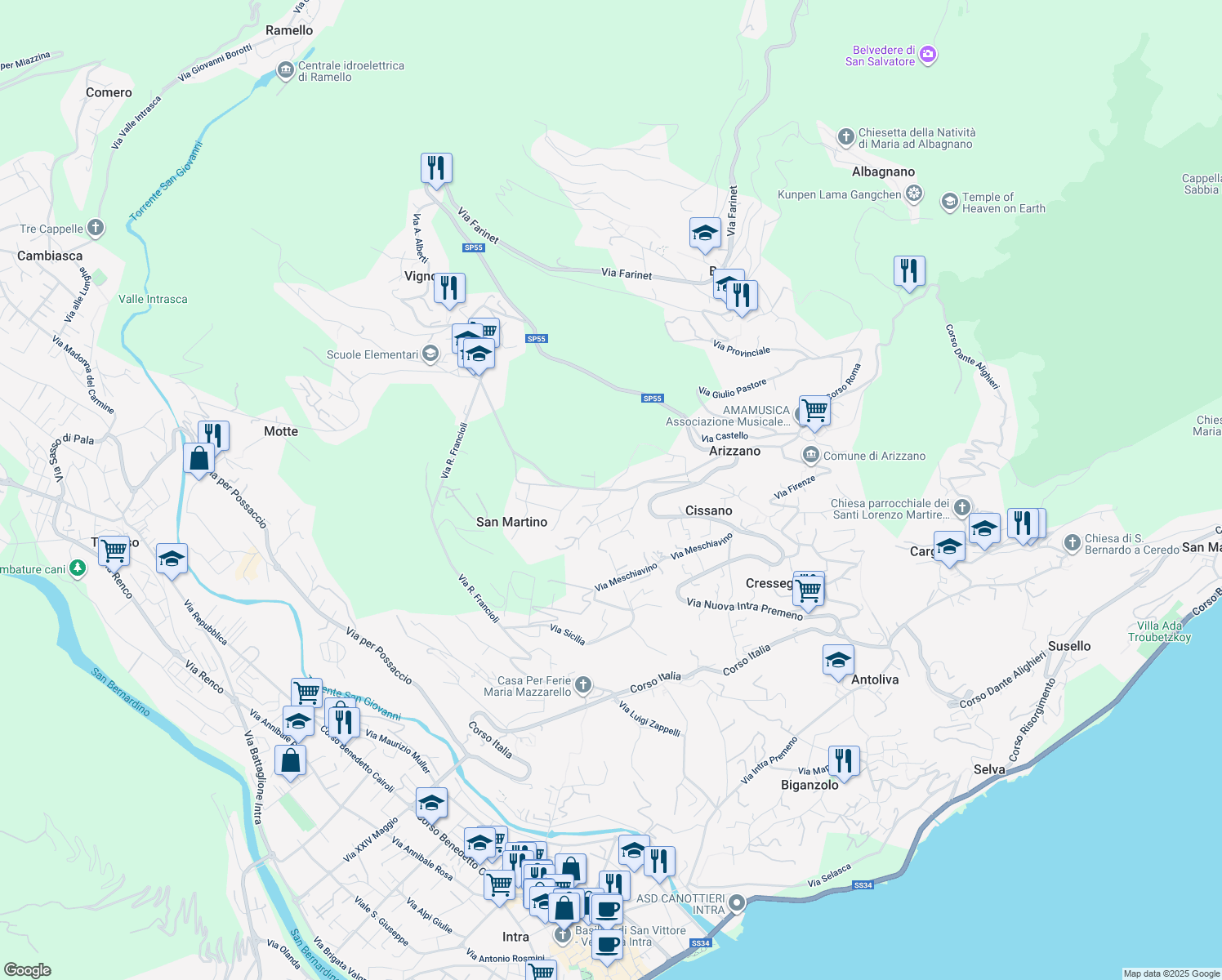 map of restaurants, bars, coffee shops, grocery stores, and more near 36 Via Faustino Donati in Provincia del Verbano-Cusio-Ossola