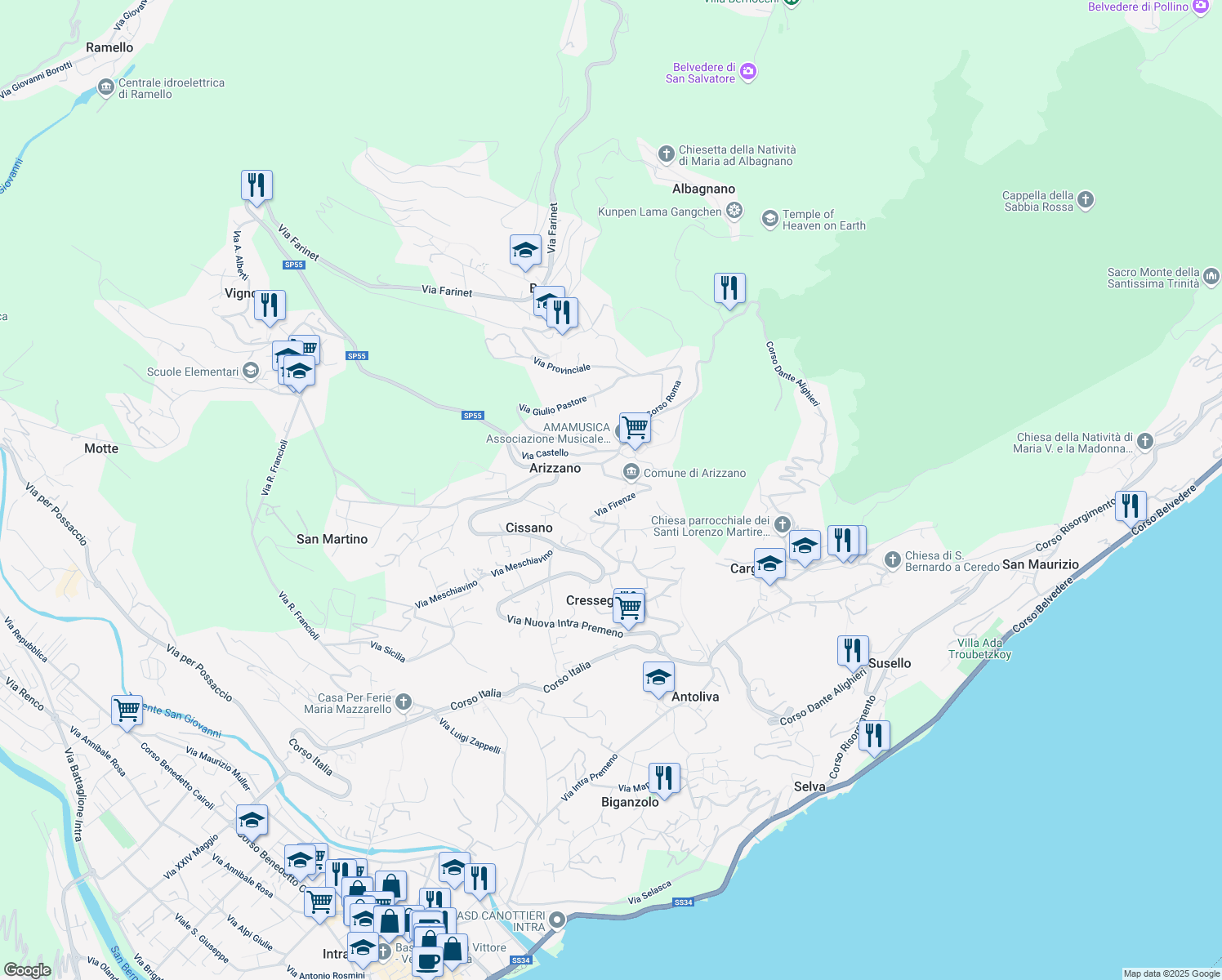 map of restaurants, bars, coffee shops, grocery stores, and more near 42 Via D. Giacobbe in Arizzano