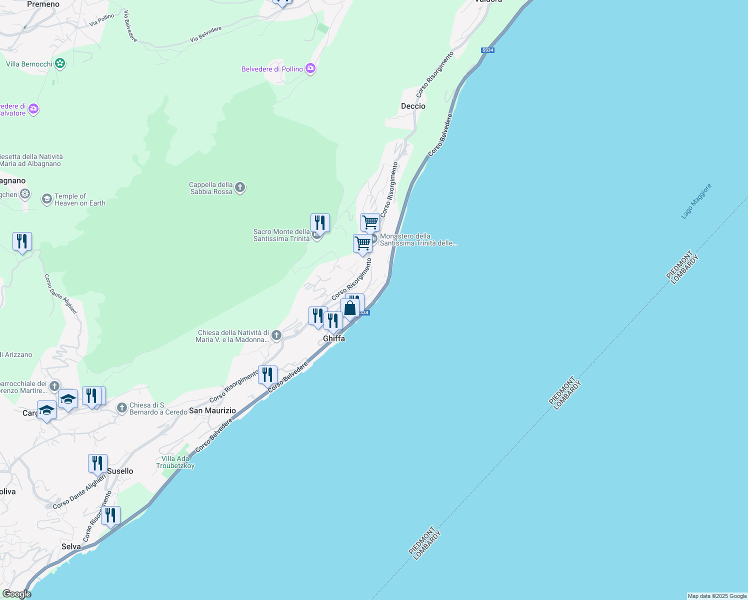 map of restaurants, bars, coffee shops, grocery stores, and more near 215 Corso Belvedere in Ghiffa