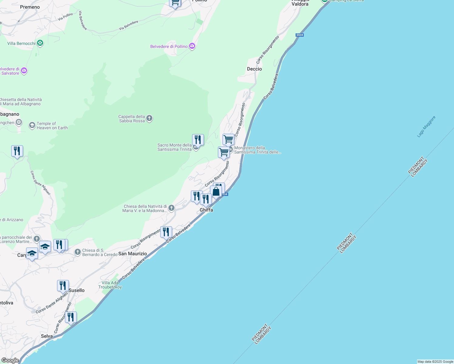 map of restaurants, bars, coffee shops, grocery stores, and more near 215 Corso Belvedere in Ghiffa