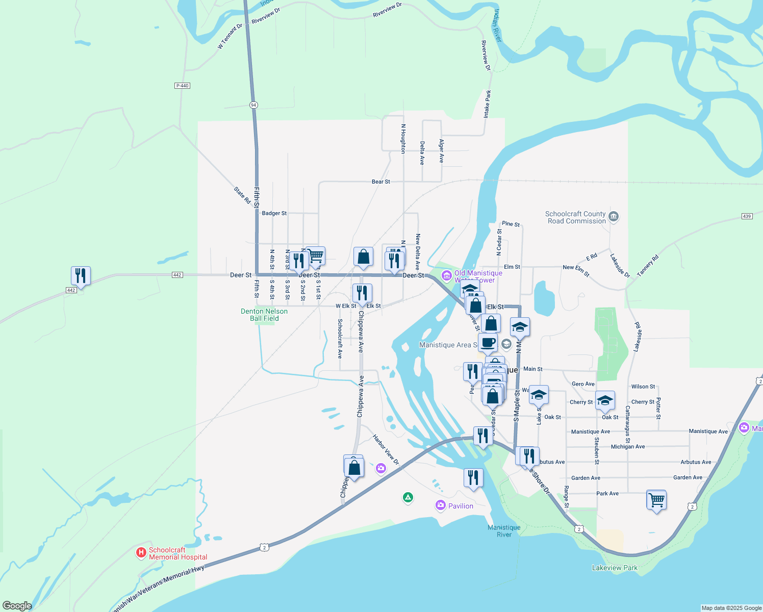 map of restaurants, bars, coffee shops, grocery stores, and more near 144 South Mackinac Avenue in Manistique