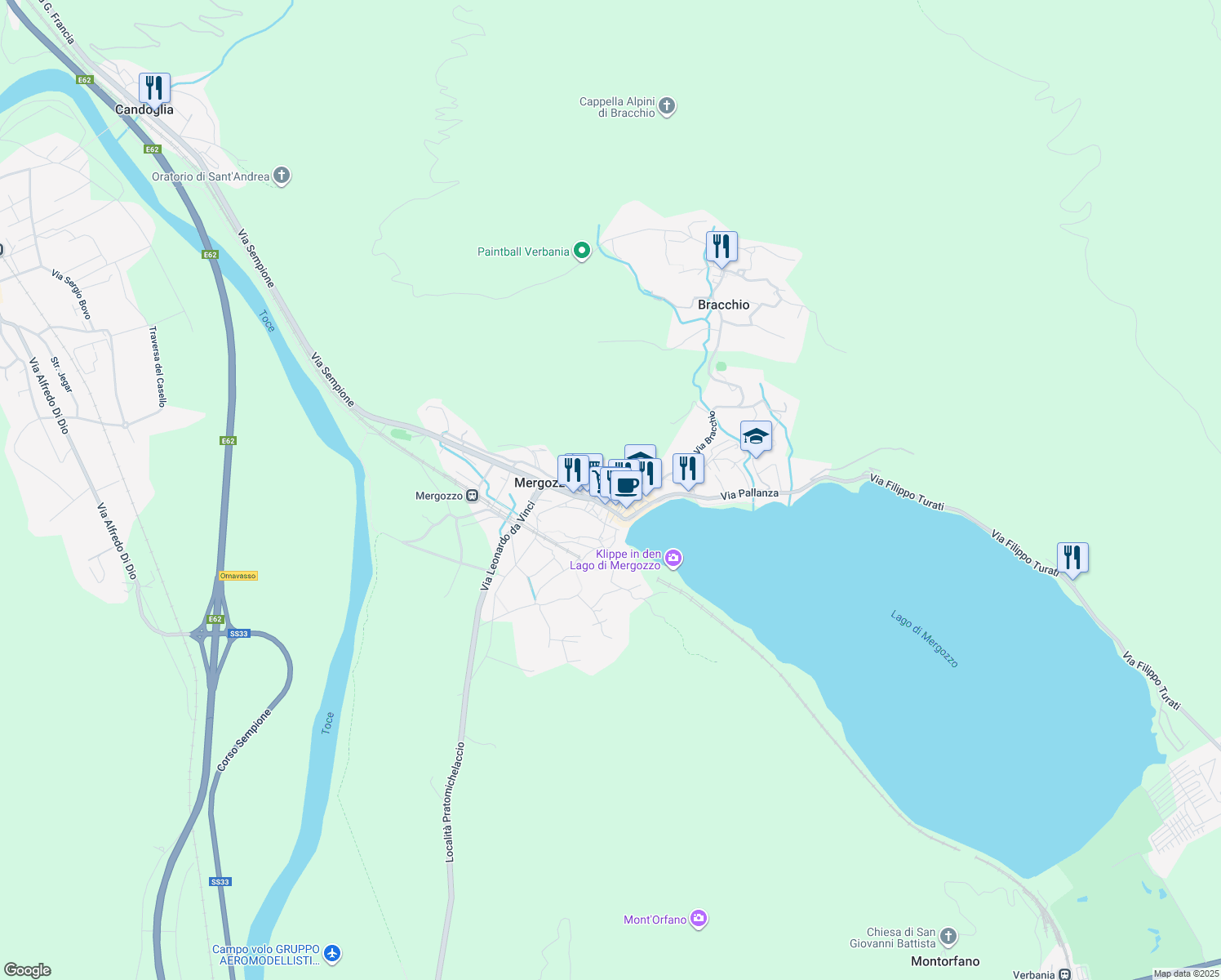 map of restaurants, bars, coffee shops, grocery stores, and more near 11A Via Bracchio in Mergozzo