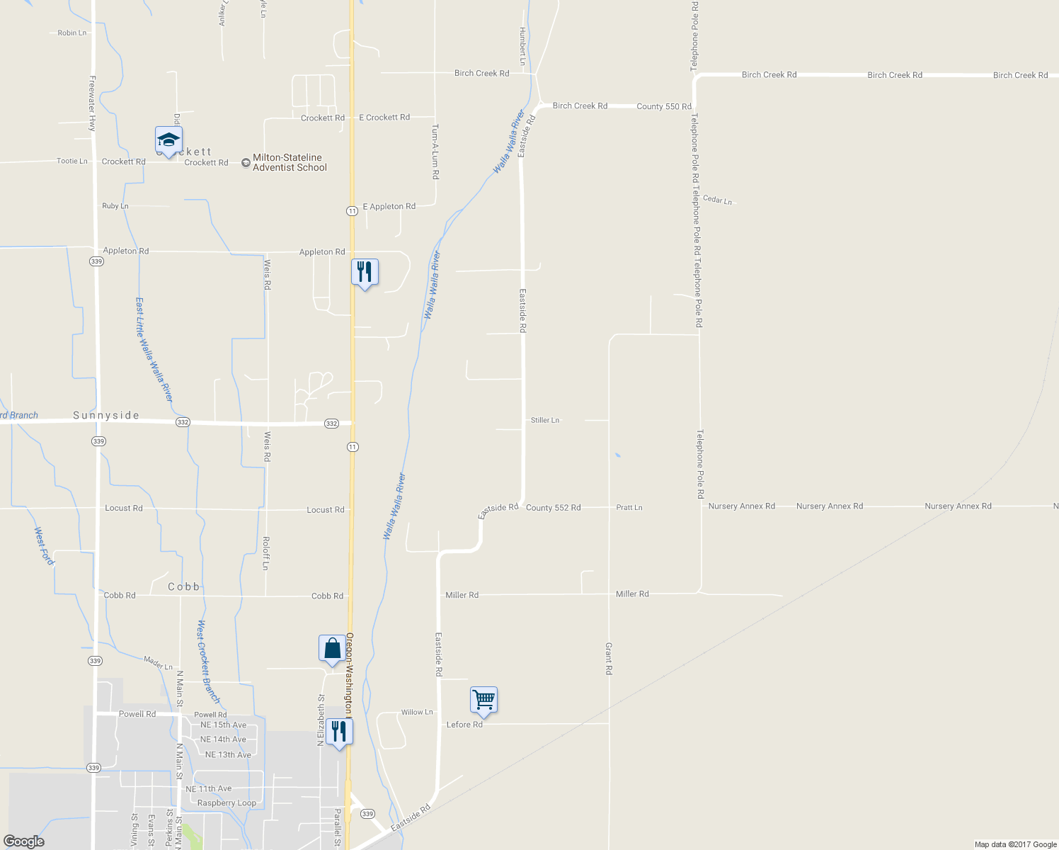 map of restaurants, bars, coffee shops, grocery stores, and more near 84507 Eastside Road in Milton-Freewater