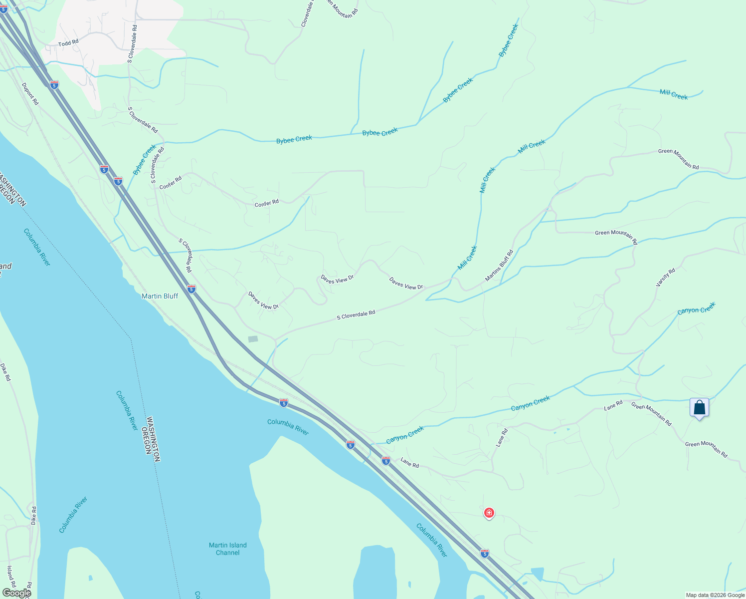 map of restaurants, bars, coffee shops, grocery stores, and more near 318 Daves View Dr in Kalama