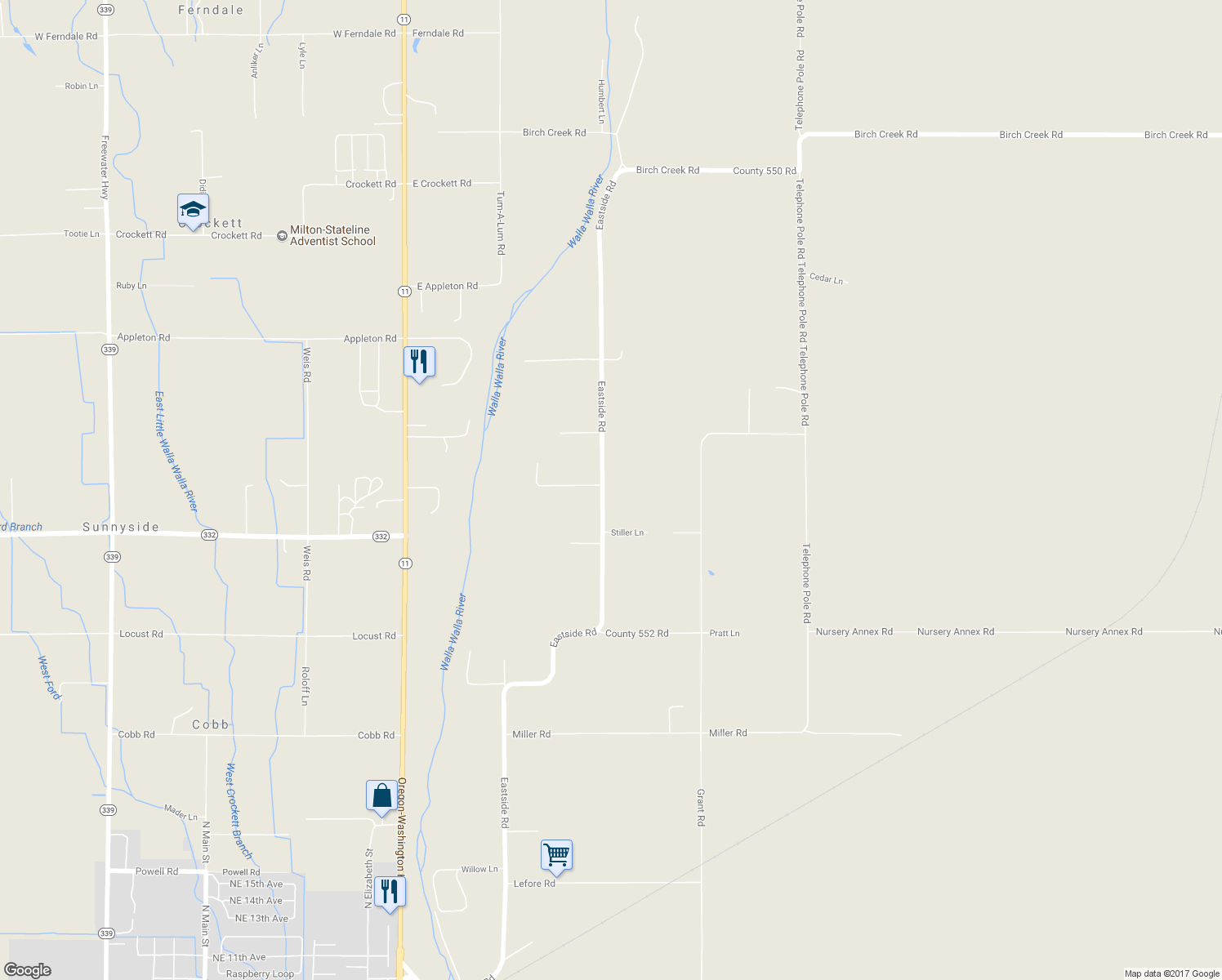 map of restaurants, bars, coffee shops, grocery stores, and more near 84561 Eastside Road in Milton-Freewater