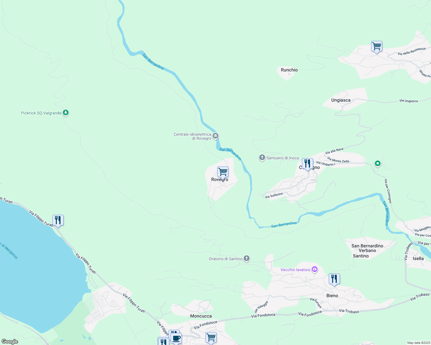 map of restaurants, bars, coffee shops, grocery stores, and more near 7 Via Monte Fayè in Rovegro