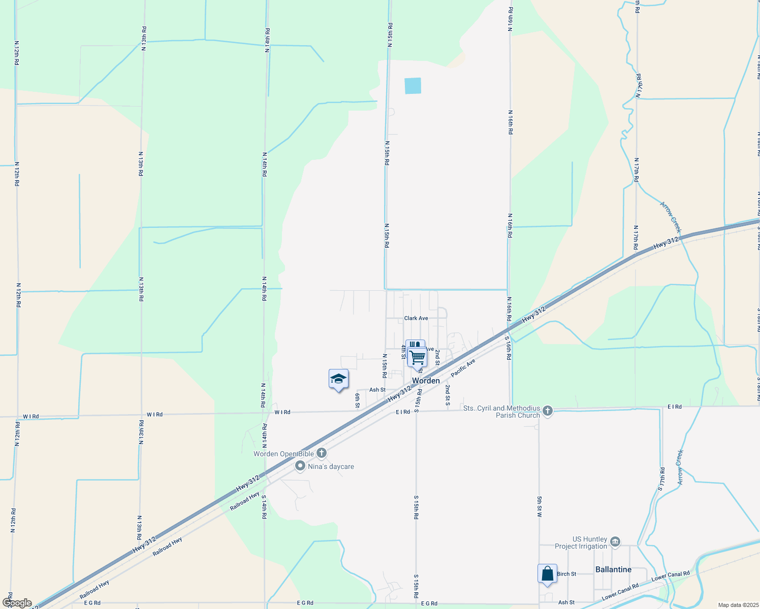 map of restaurants, bars, coffee shops, grocery stores, and more near 2480 N 15th Rd in Worden