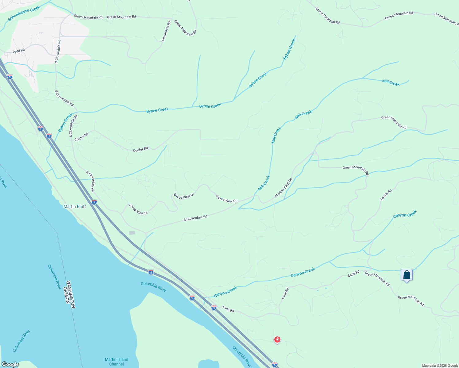 map of restaurants, bars, coffee shops, grocery stores, and more near 202 Windy River Road in Kalama