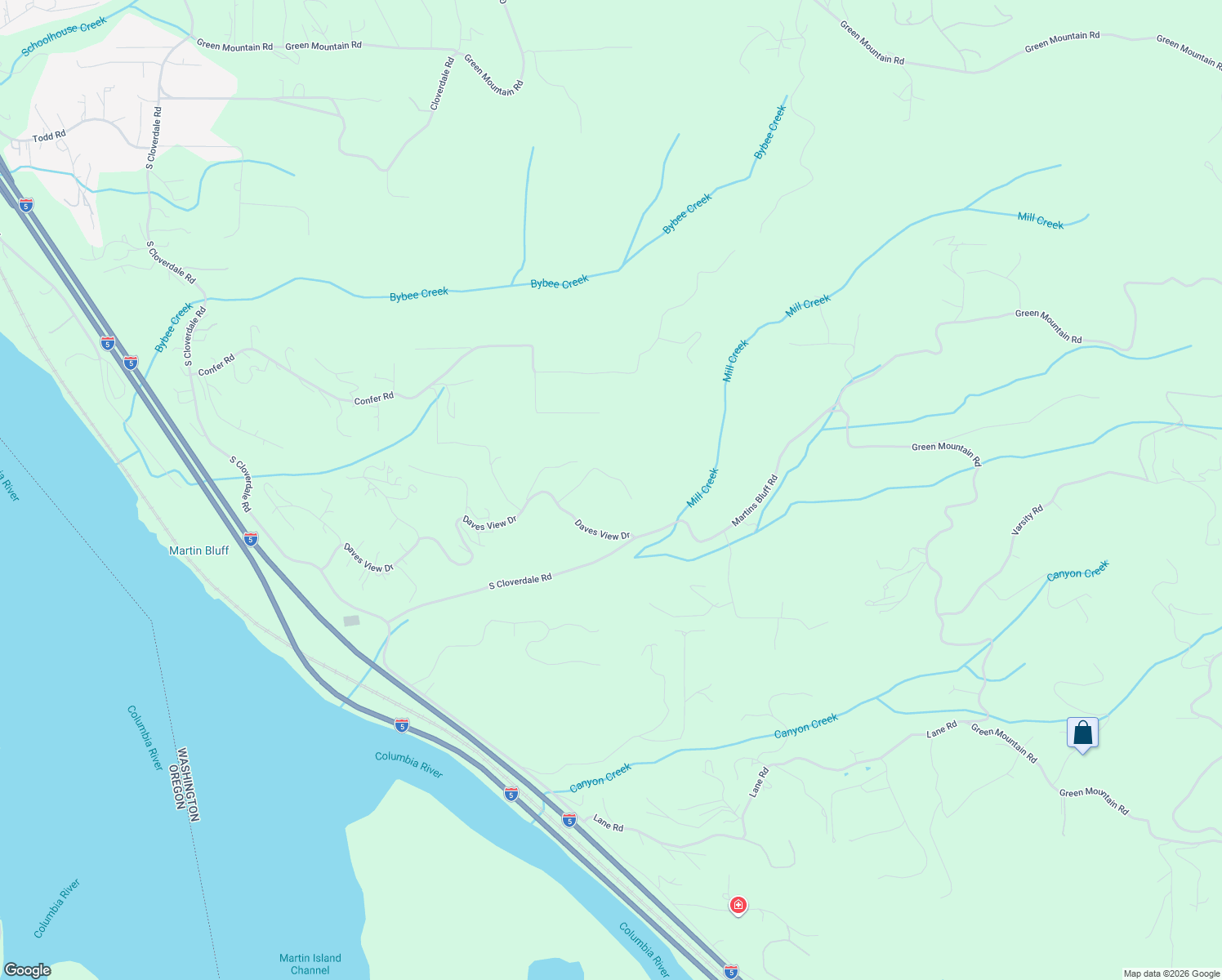 map of restaurants, bars, coffee shops, grocery stores, and more near 202 Windy River Road in Kalama