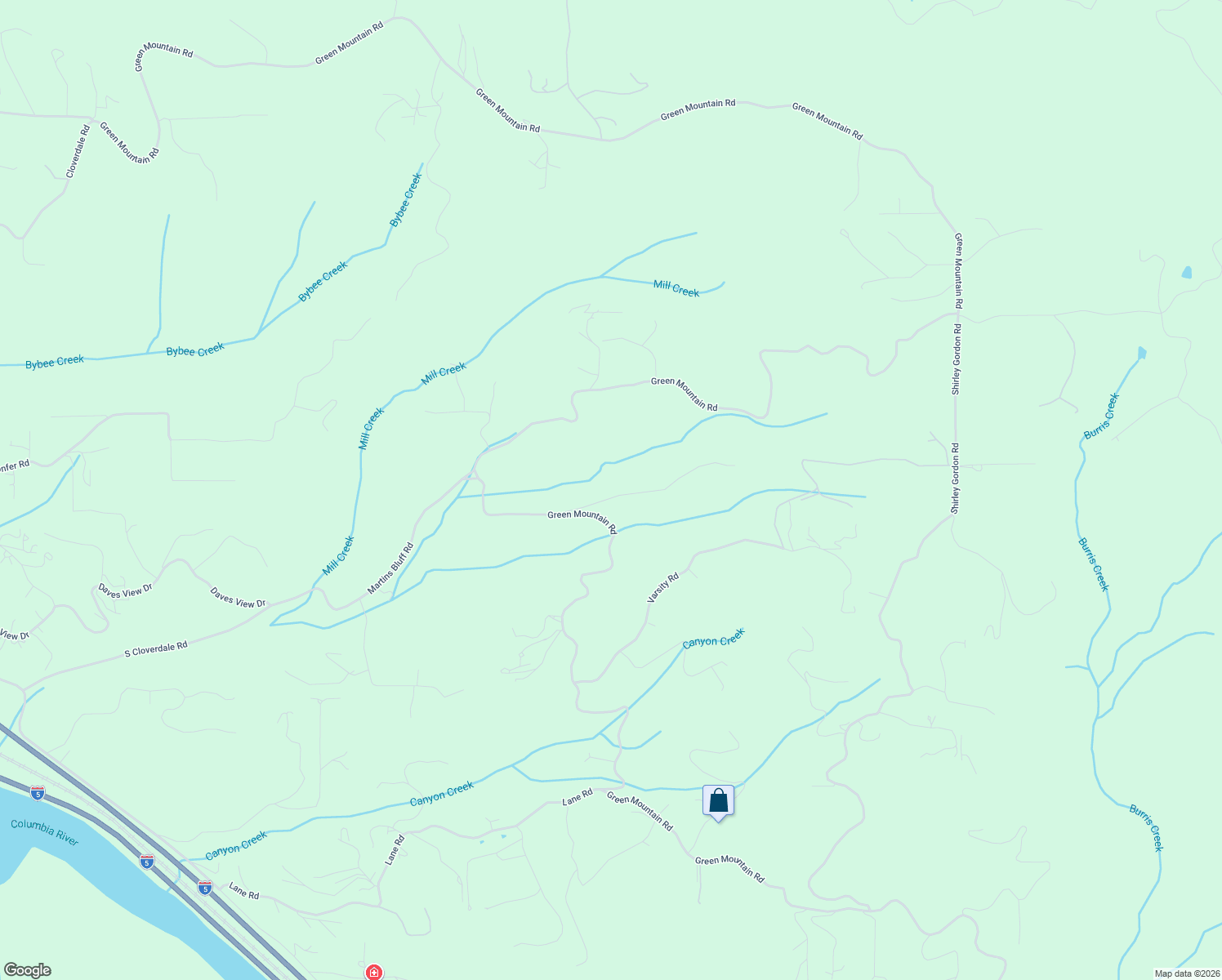 map of restaurants, bars, coffee shops, grocery stores, and more near Green Mountain Road in Kalama