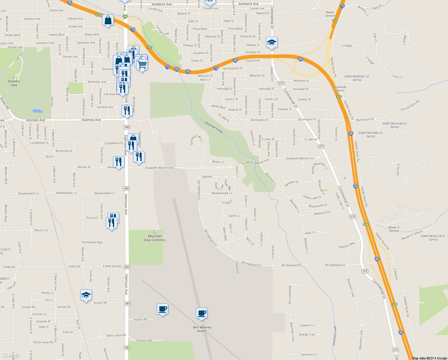 map of restaurants, bars, coffee shops, grocery stores, and more near 224 Aspen Loop in Butte