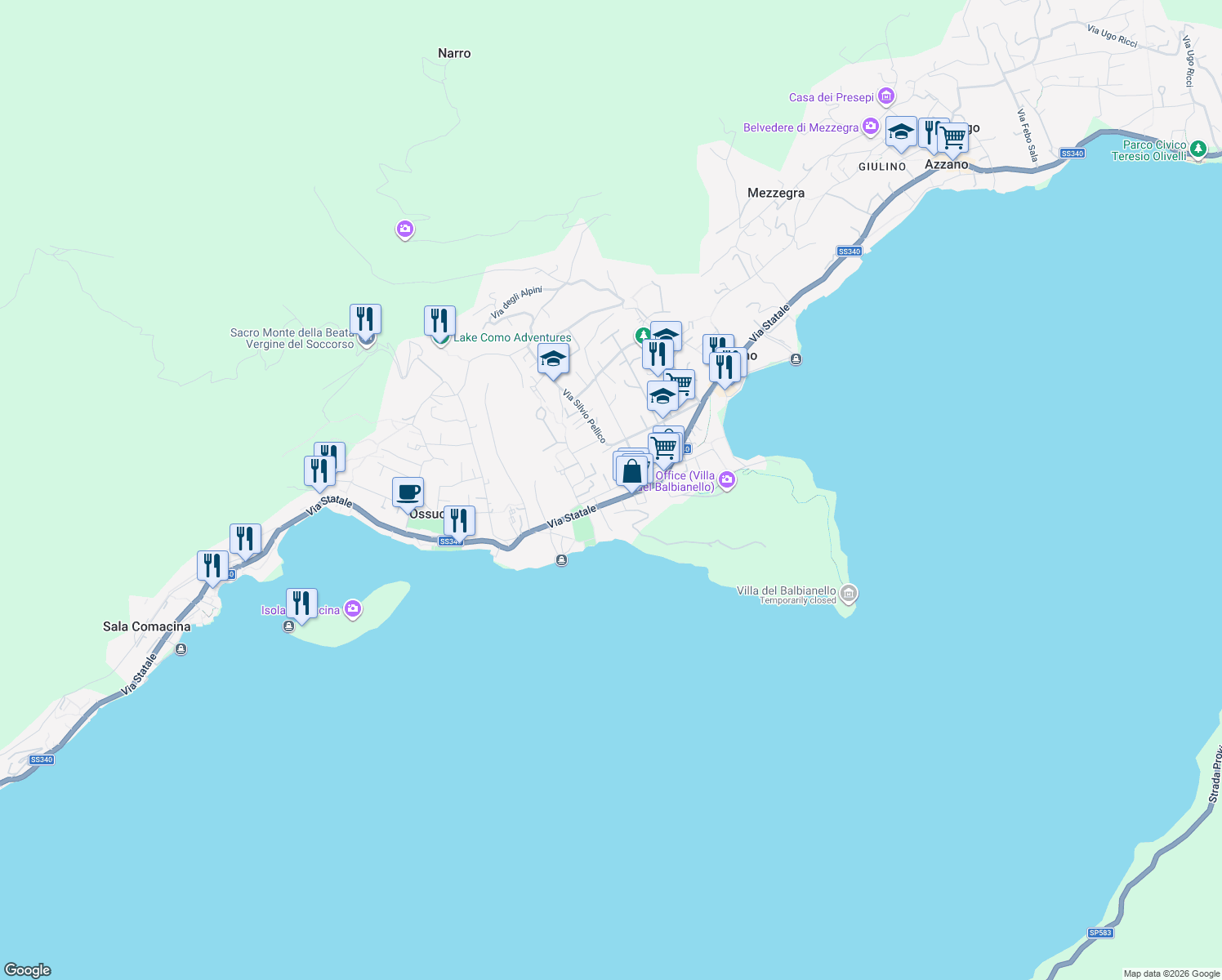 map of restaurants, bars, coffee shops, grocery stores, and more near 20 Via Statale in Lenno