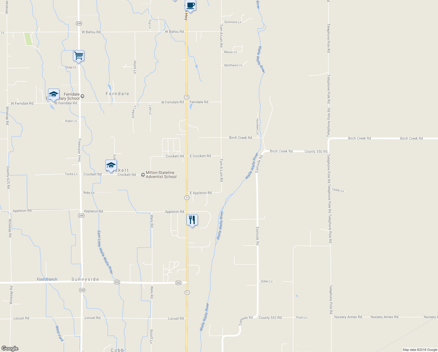 map of restaurants, bars, coffee shops, grocery stores, and more near 84708 Tum-A-Lum Road in Milton-Freewater