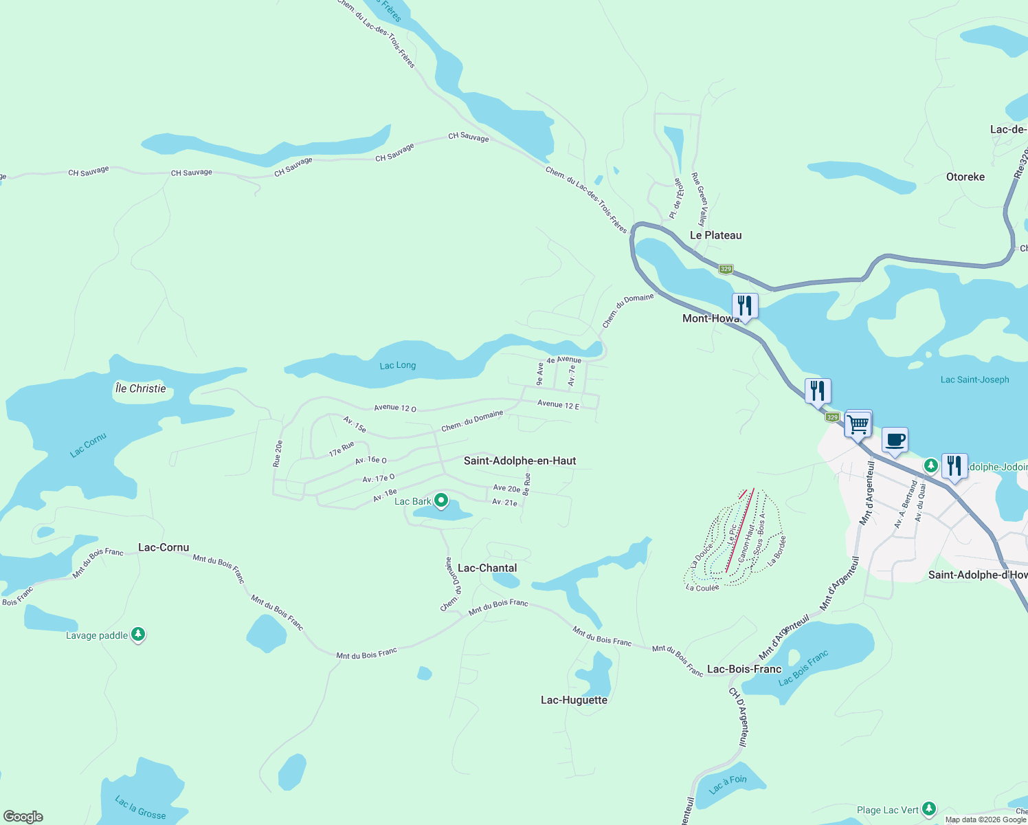 map of restaurants, bars, coffee shops, grocery stores, and more near 115 Avenue 13e in Saint-Adolphe-d'Howard