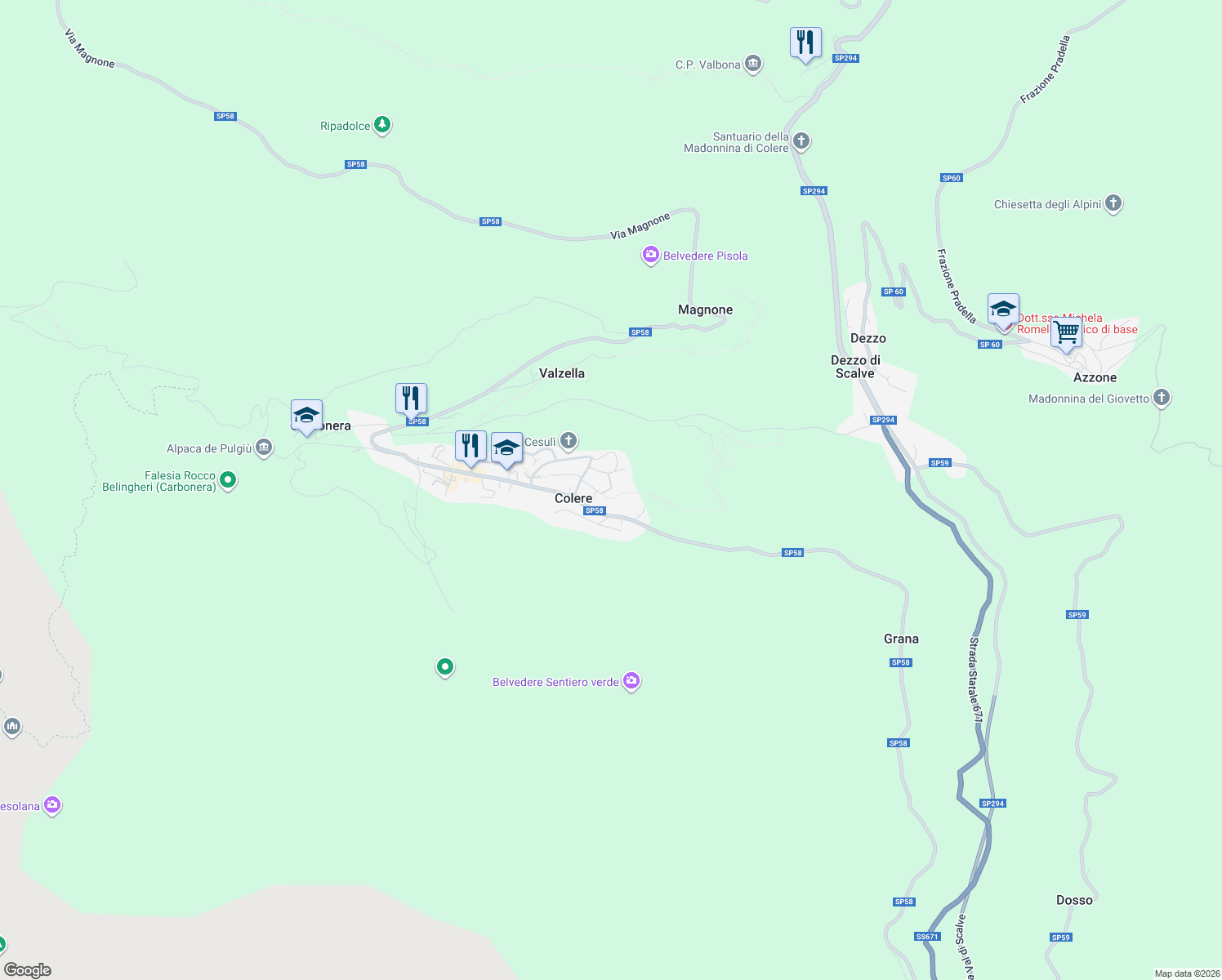 map of restaurants, bars, coffee shops, grocery stores, and more near 13 Via de O in Colere