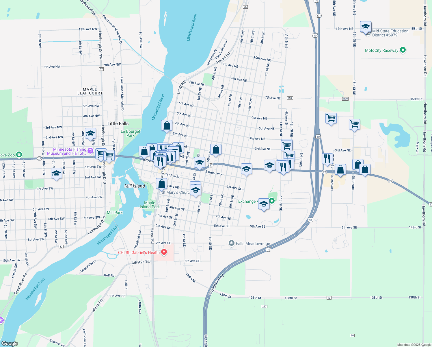 map of restaurants, bars, coffee shops, grocery stores, and more near 101 6th Street Southeast in Little Falls