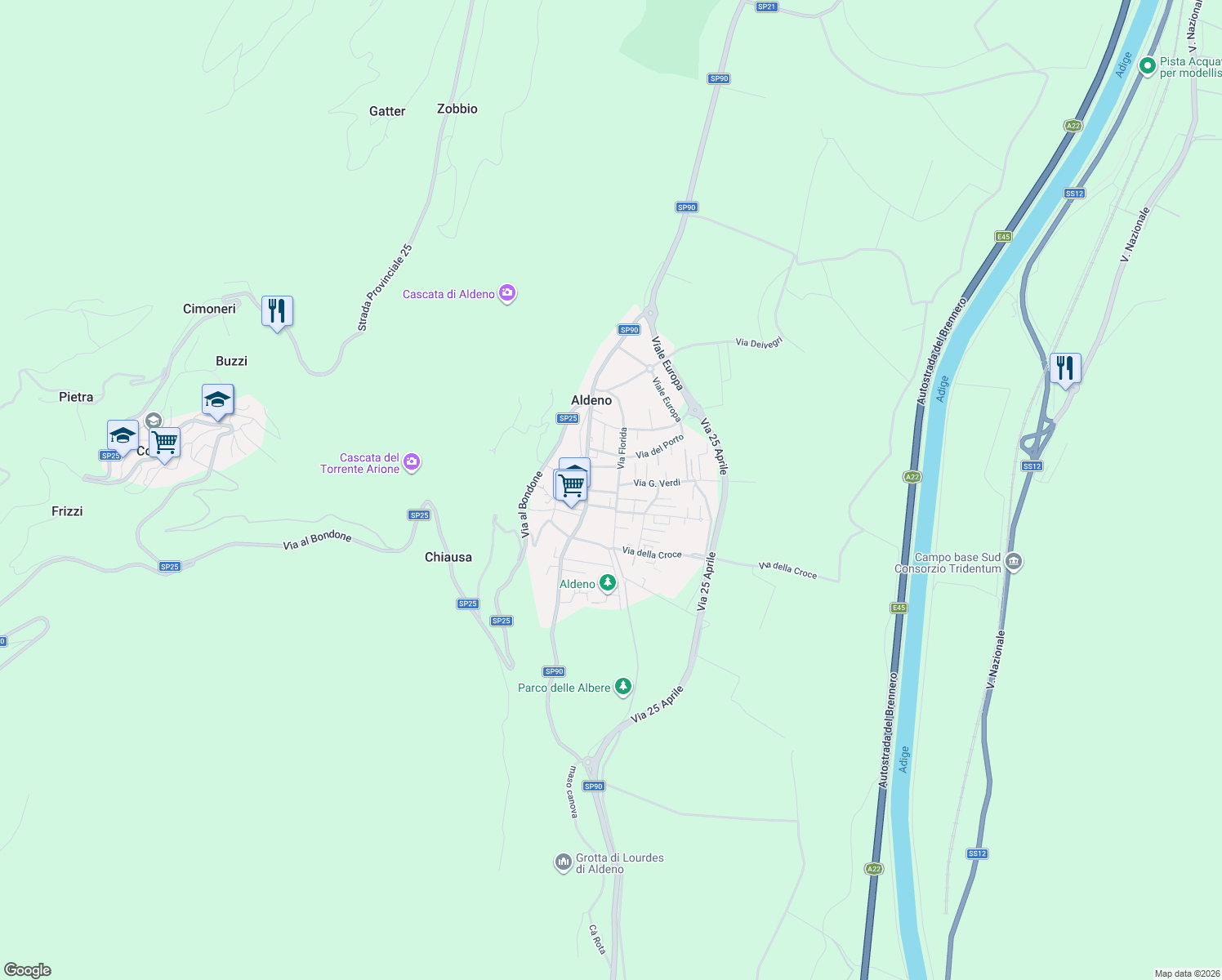 map of restaurants, bars, coffee shops, grocery stores, and more near 43 Via Florida in Aldeno