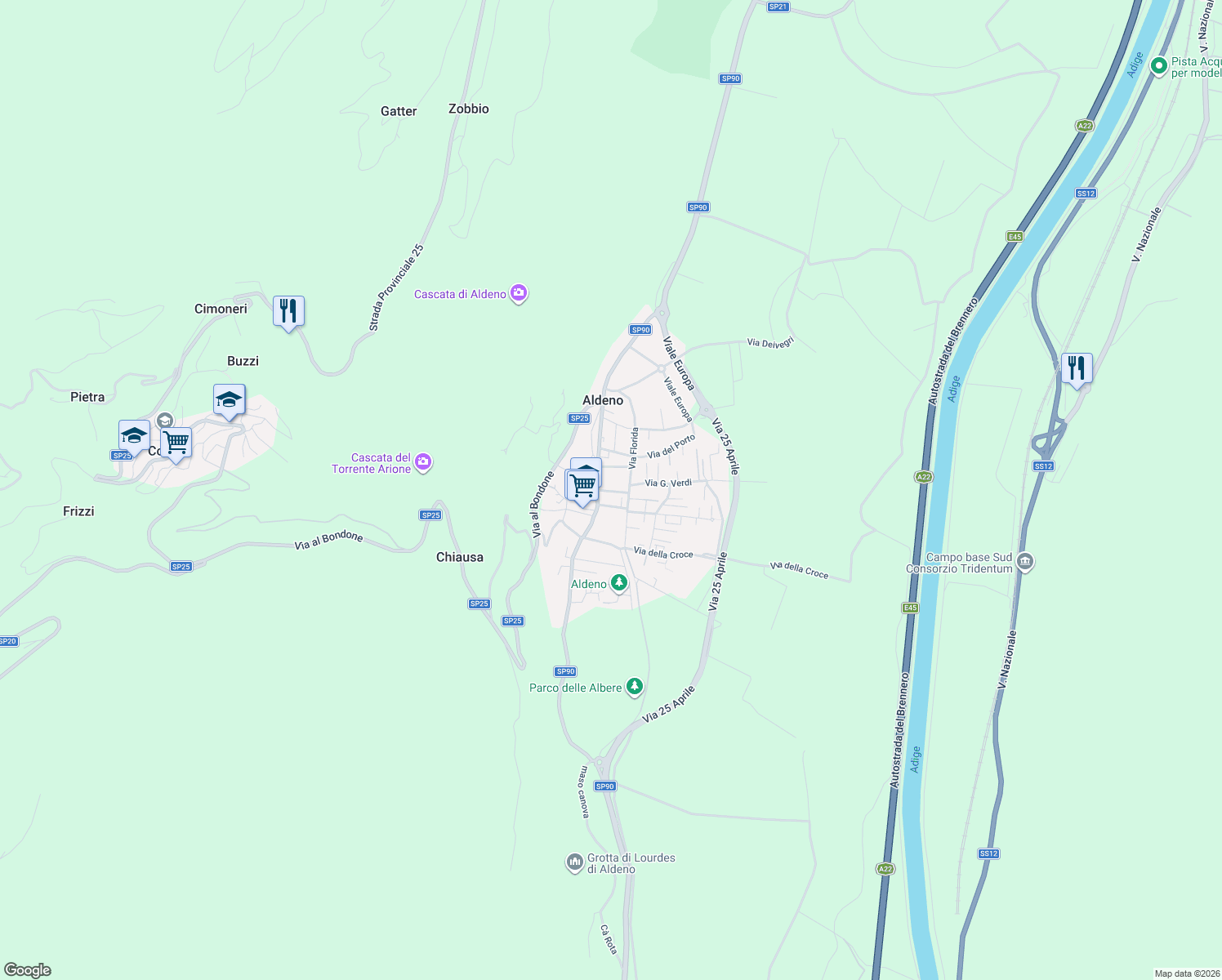 map of restaurants, bars, coffee shops, grocery stores, and more near 43 Via Florida in Aldeno