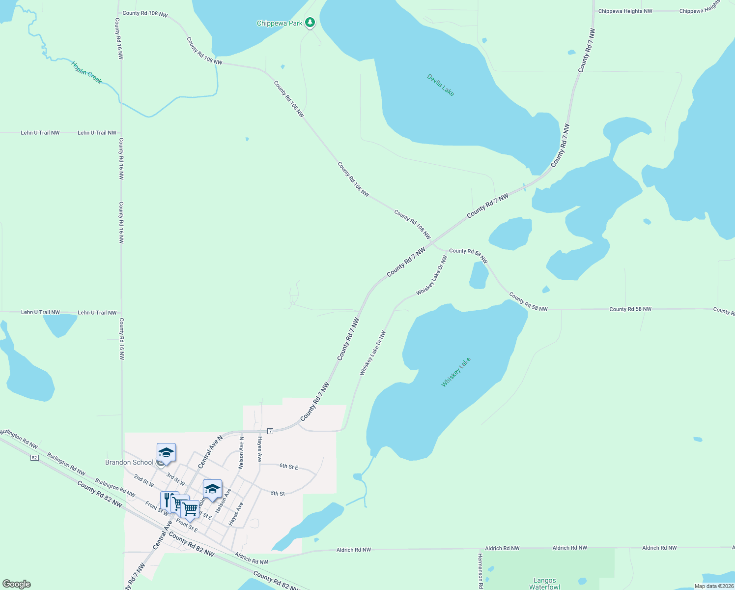map of restaurants, bars, coffee shops, grocery stores, and more near 8026 Co Road 7 Northwest in Brandon