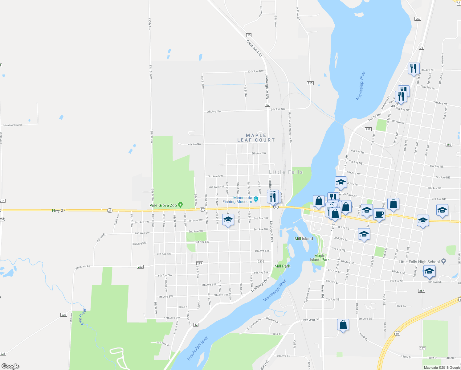 map of restaurants, bars, coffee shops, grocery stores, and more near 508 2nd Avenue Northwest in Little Falls
