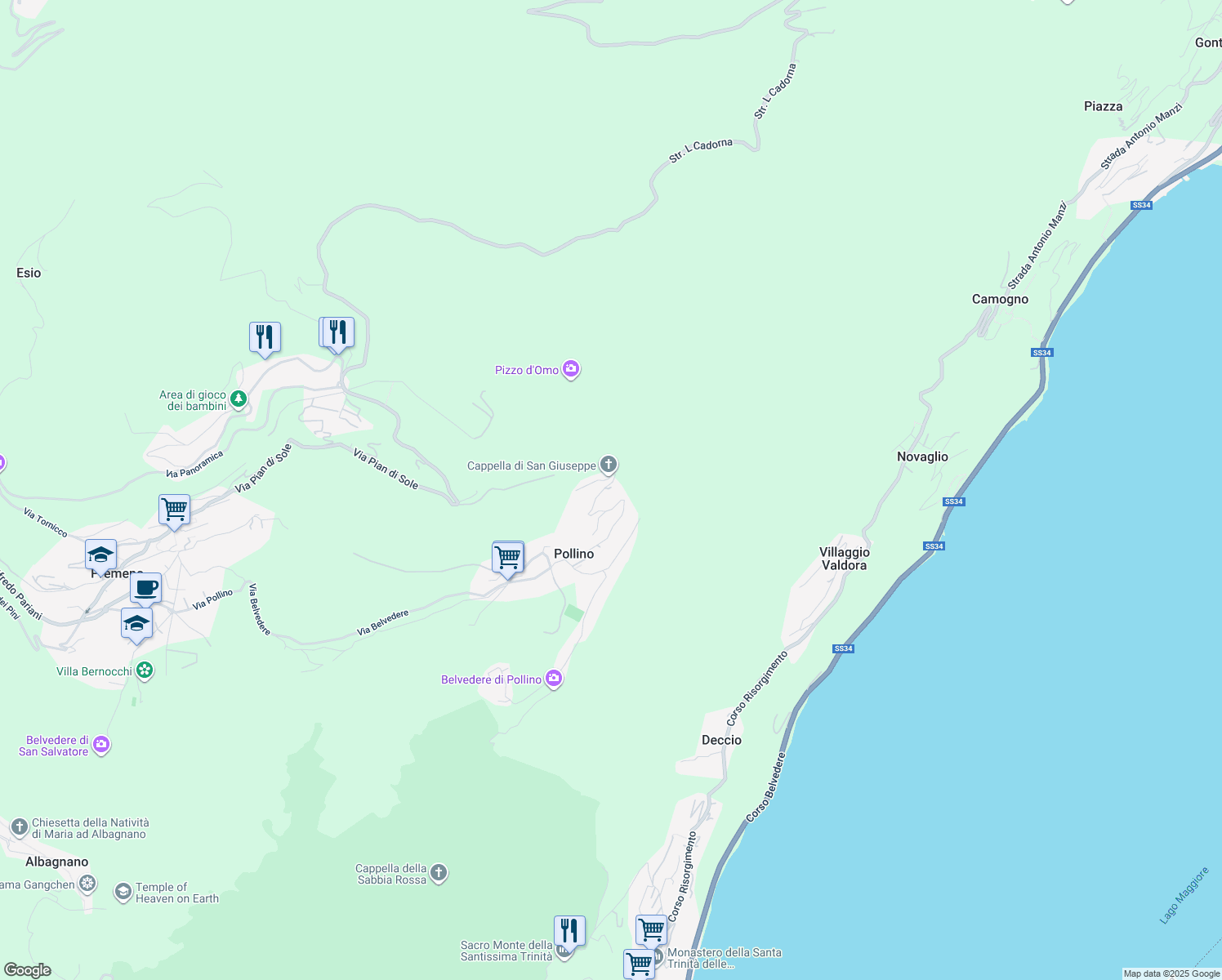 map of restaurants, bars, coffee shops, grocery stores, and more near 32 Via Lago Azzurro in Pollino