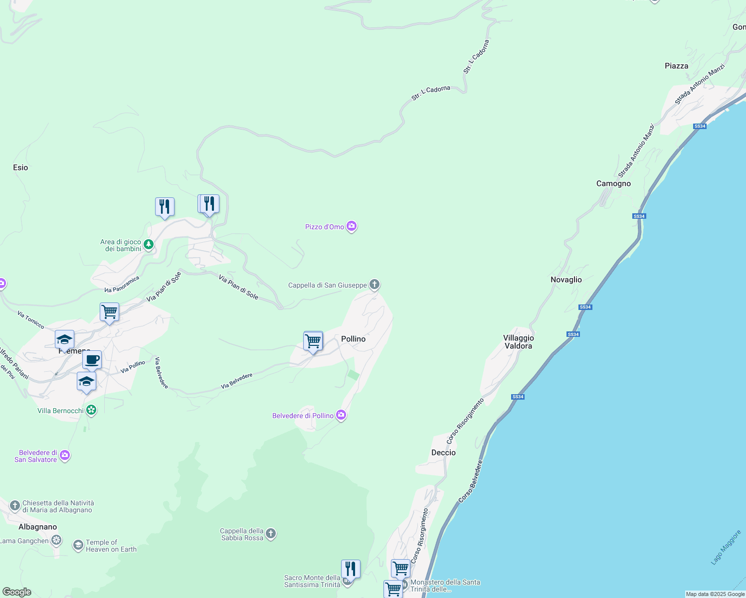 map of restaurants, bars, coffee shops, grocery stores, and more near 32 Via Lago Azzurro in Pollino
