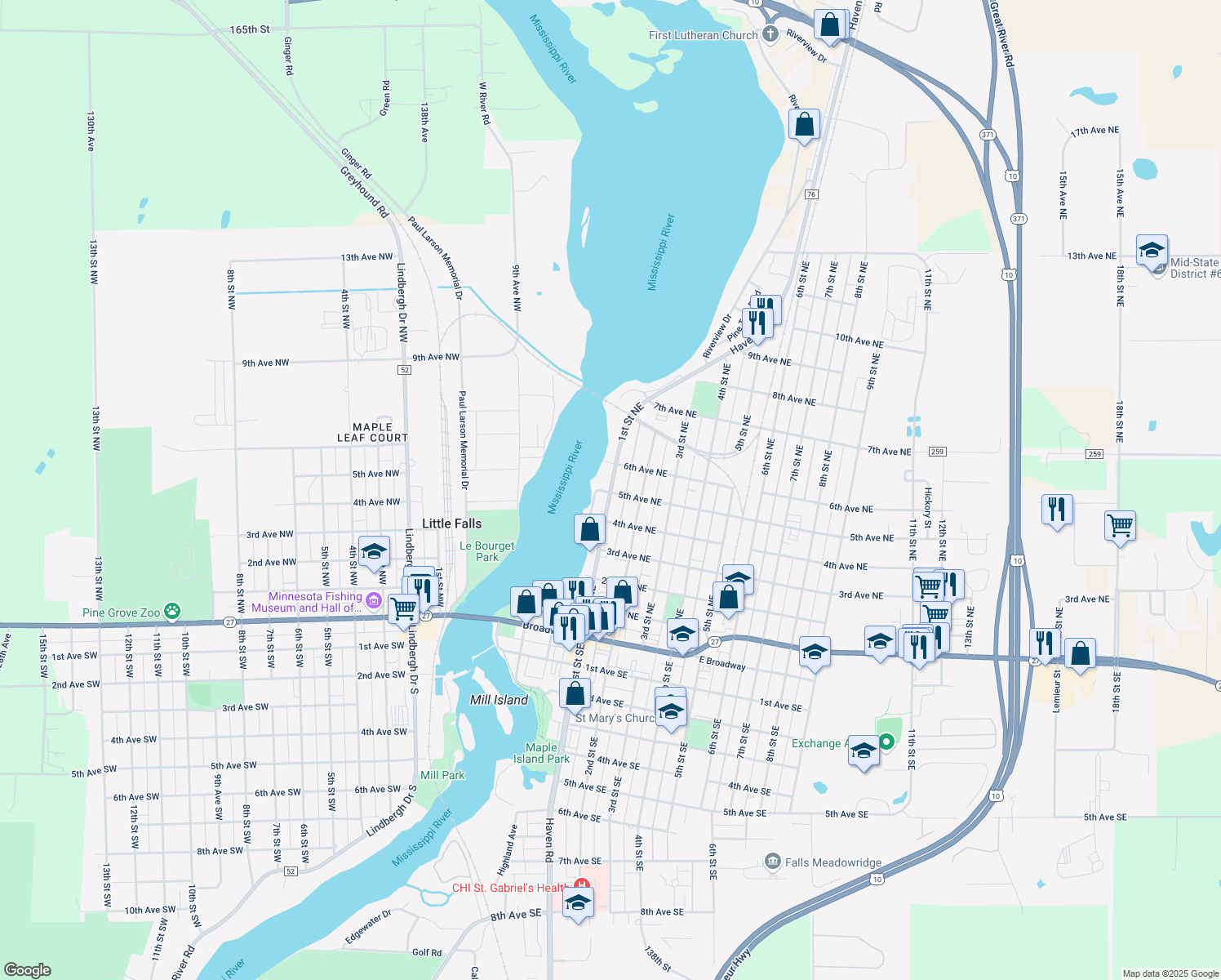 map of restaurants, bars, coffee shops, grocery stores, and more near 609 1st Street Northeast in Little Falls