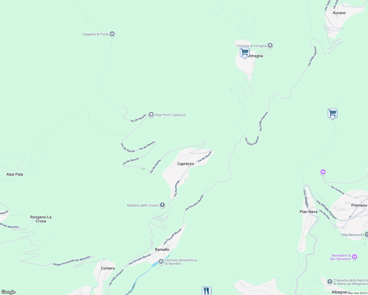 map of restaurants, bars, coffee shops, grocery stores, and more near Via dei Ronchi in Verbano-Cusio-Ossola