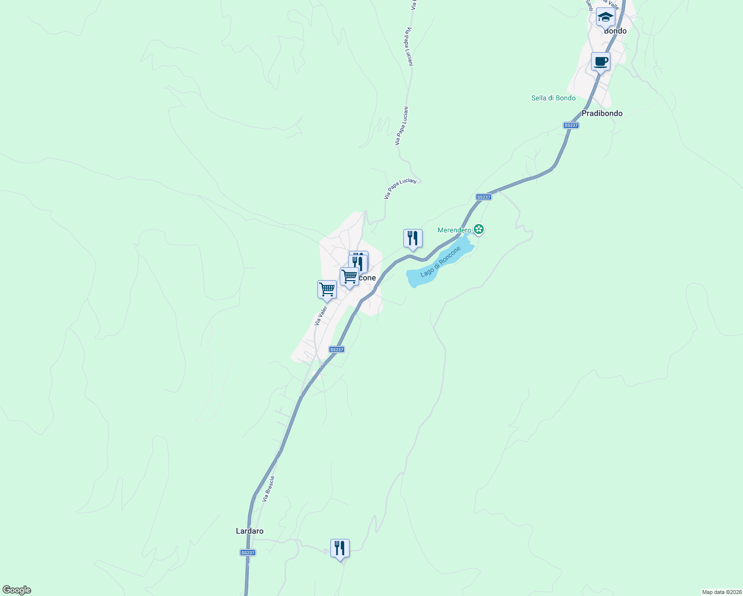 map of restaurants, bars, coffee shops, grocery stores, and more near 25 Via Nazionale in Roncone