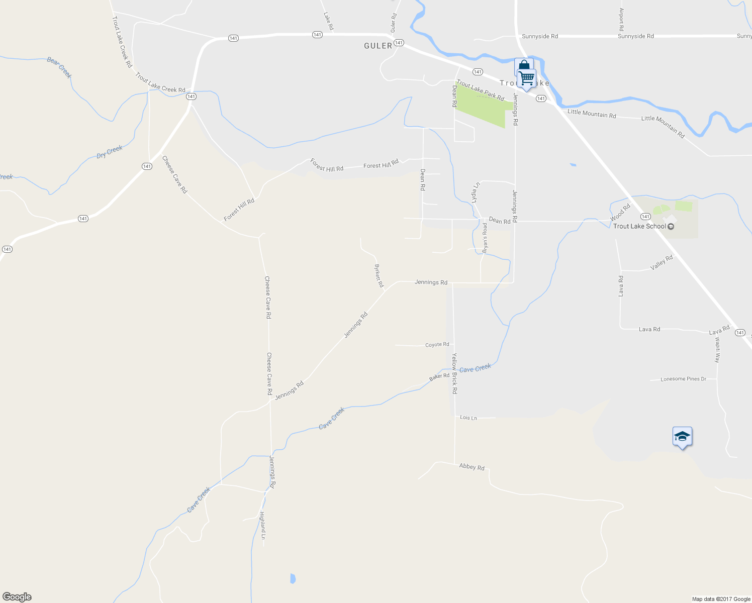 map of restaurants, bars, coffee shops, grocery stores, and more near Jennings Road in Trout Lake