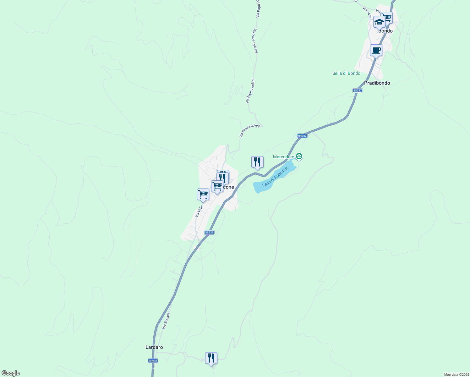 map of restaurants, bars, coffee shops, grocery stores, and more near 25 Via Nazionale in Roncone