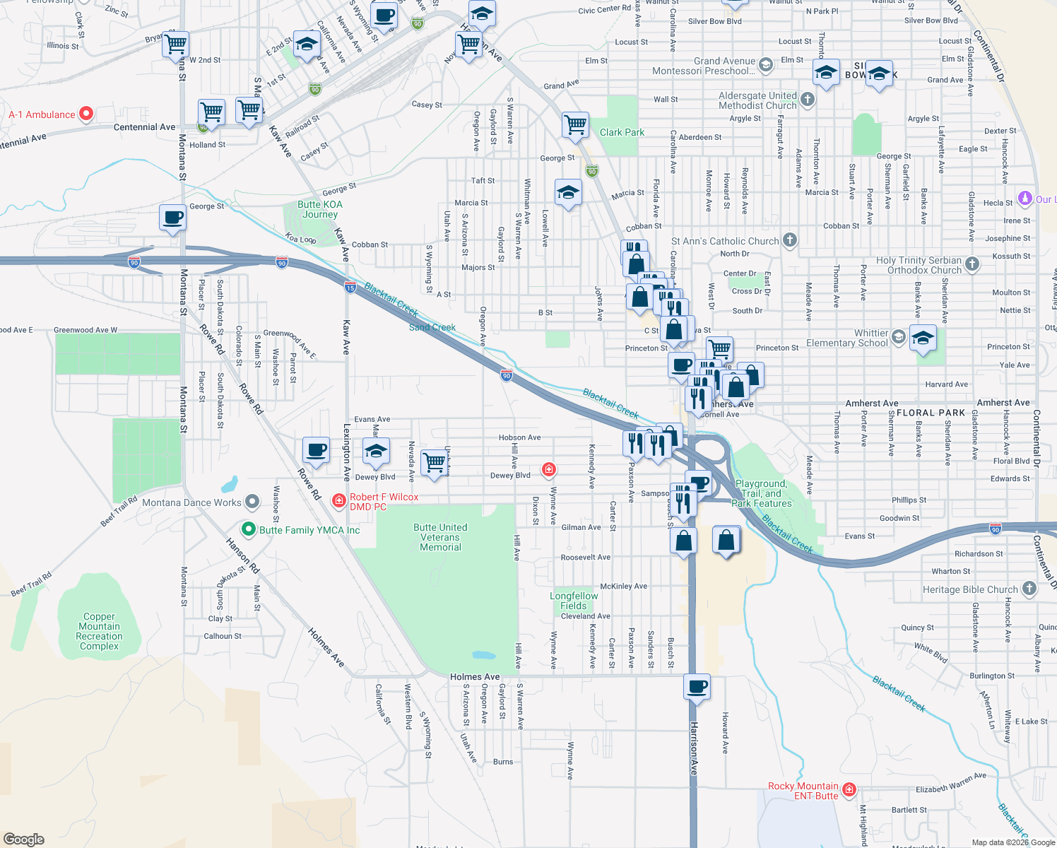 map of restaurants, bars, coffee shops, grocery stores, and more near 1426 Evans Avenue in Butte