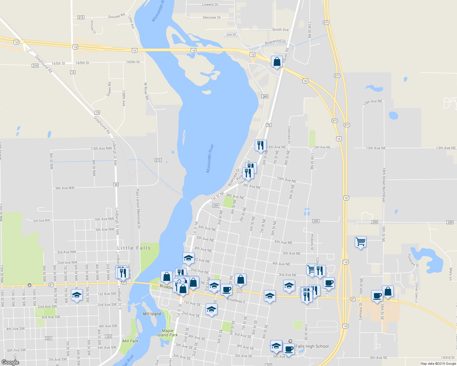 map of restaurants, bars, coffee shops, grocery stores, and more near 915 Riverview Drive in Little Falls