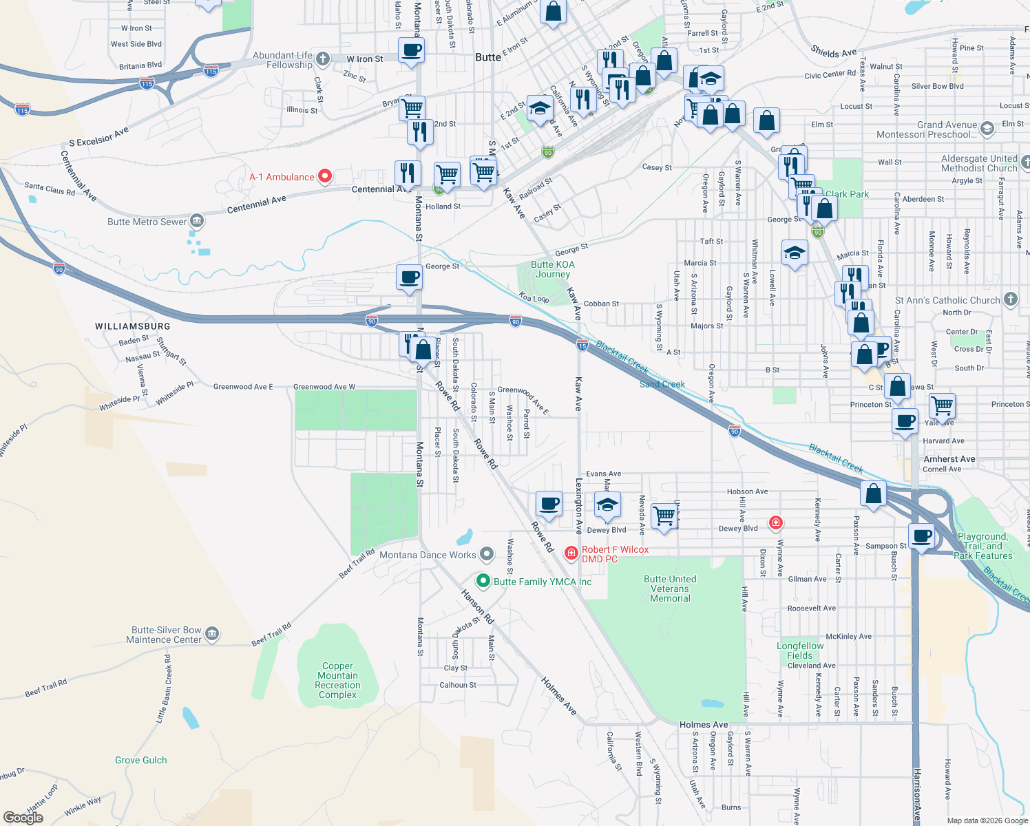 map of restaurants, bars, coffee shops, grocery stores, and more near 2430 Washoe Street in Butte