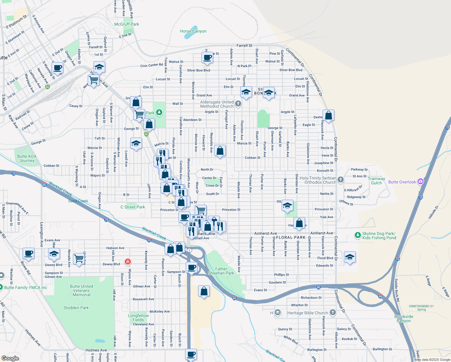 map of restaurants, bars, coffee shops, grocery stores, and more near 2121 Farragut Ave in Butte