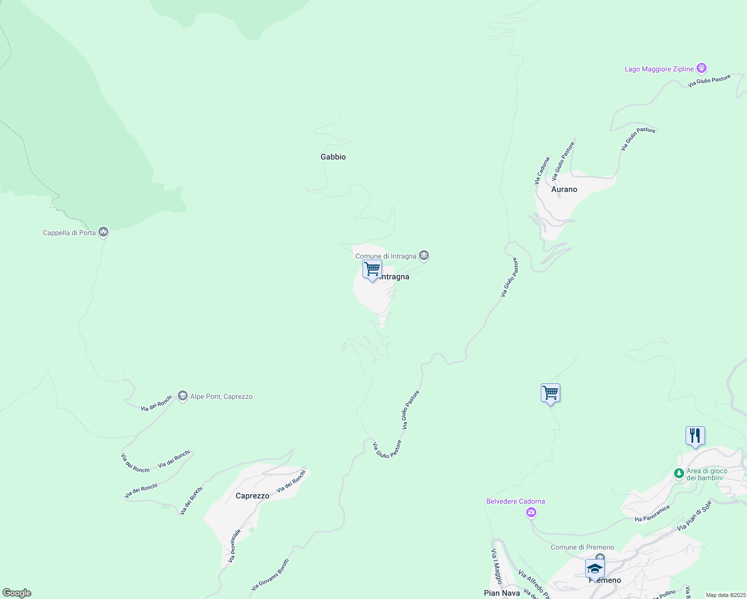 map of restaurants, bars, coffee shops, grocery stores, and more near 13 Via alle Cascine in Intragna