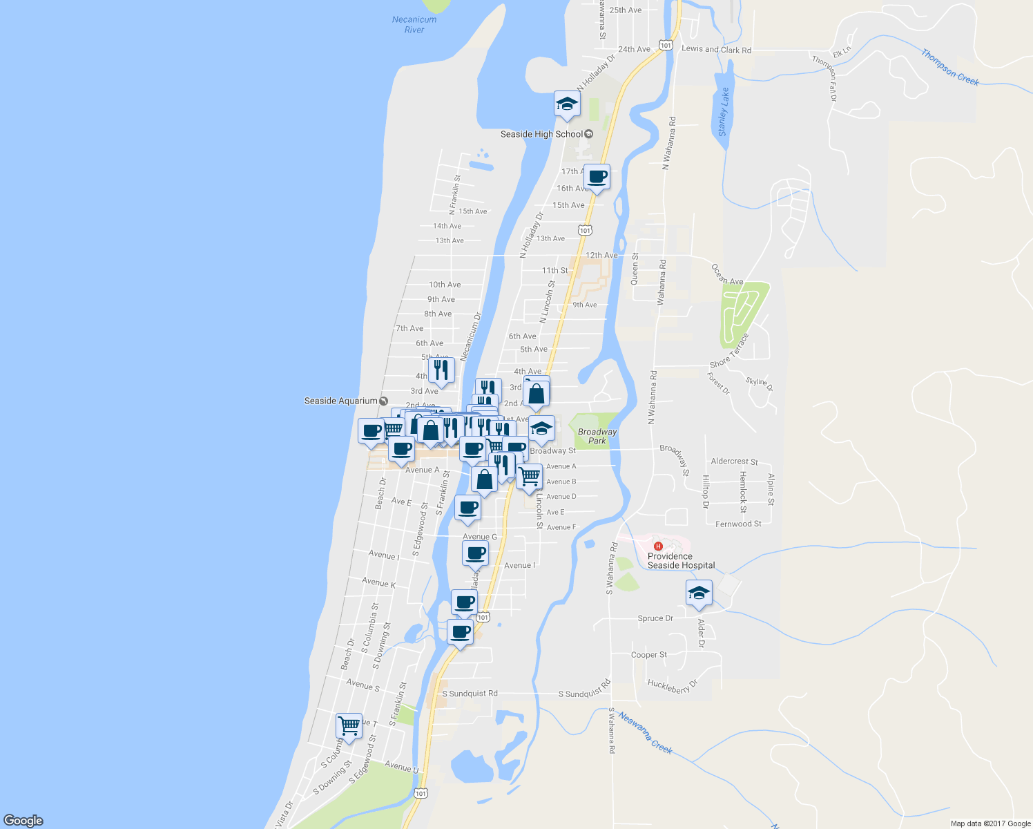 map of restaurants, bars, coffee shops, grocery stores, and more near 850 1st Avenue in Seaside