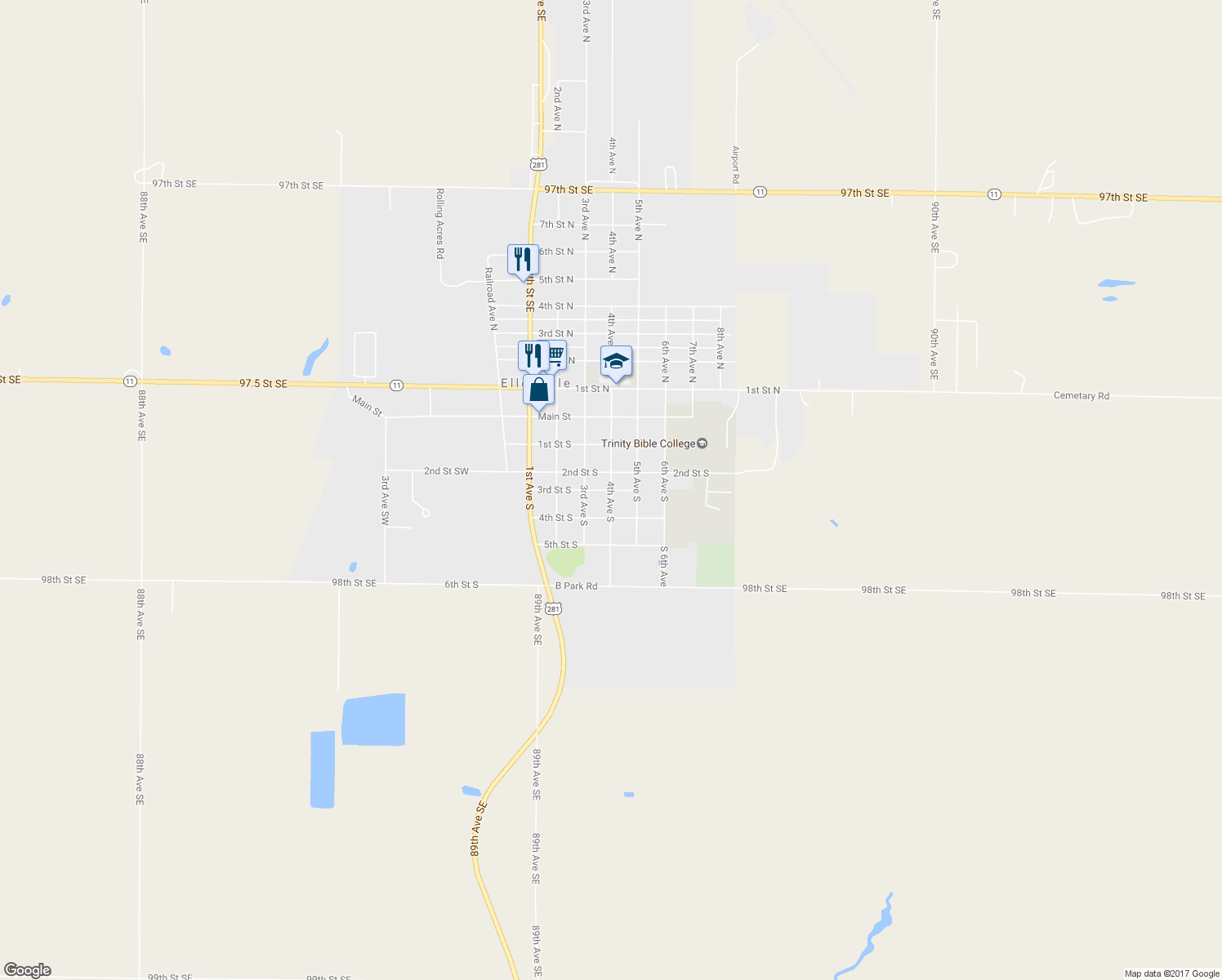 map of restaurants, bars, coffee shops, grocery stores, and more near 4th Avenue South in Ellendale